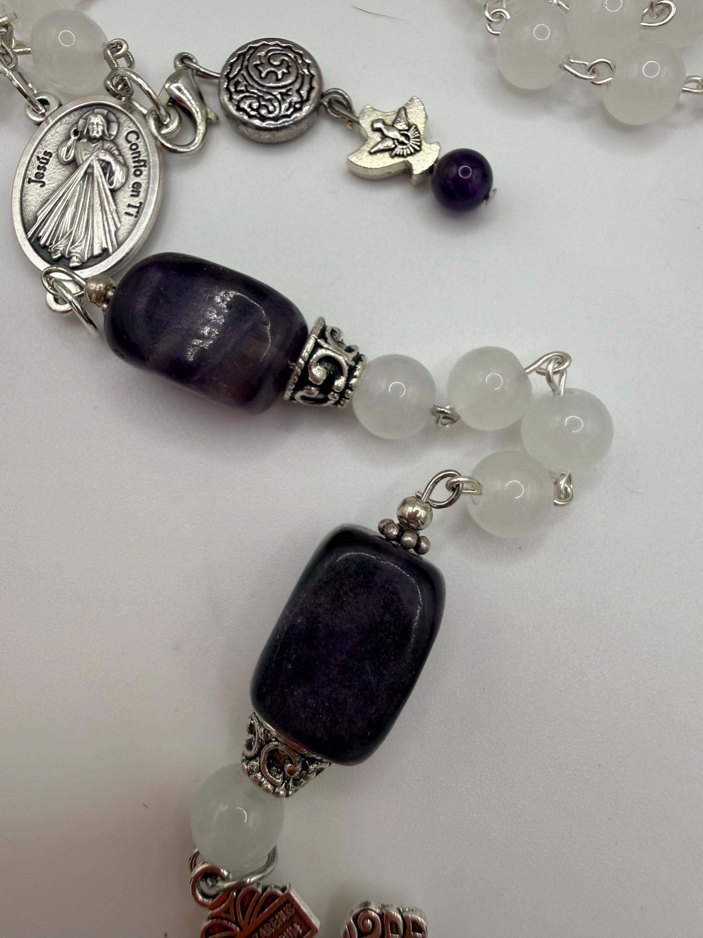 White Catholic Rosary with Glass and Amethyst Beads