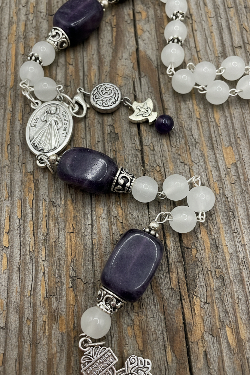 White Catholic Rosary with Glass and Amethyst Beads