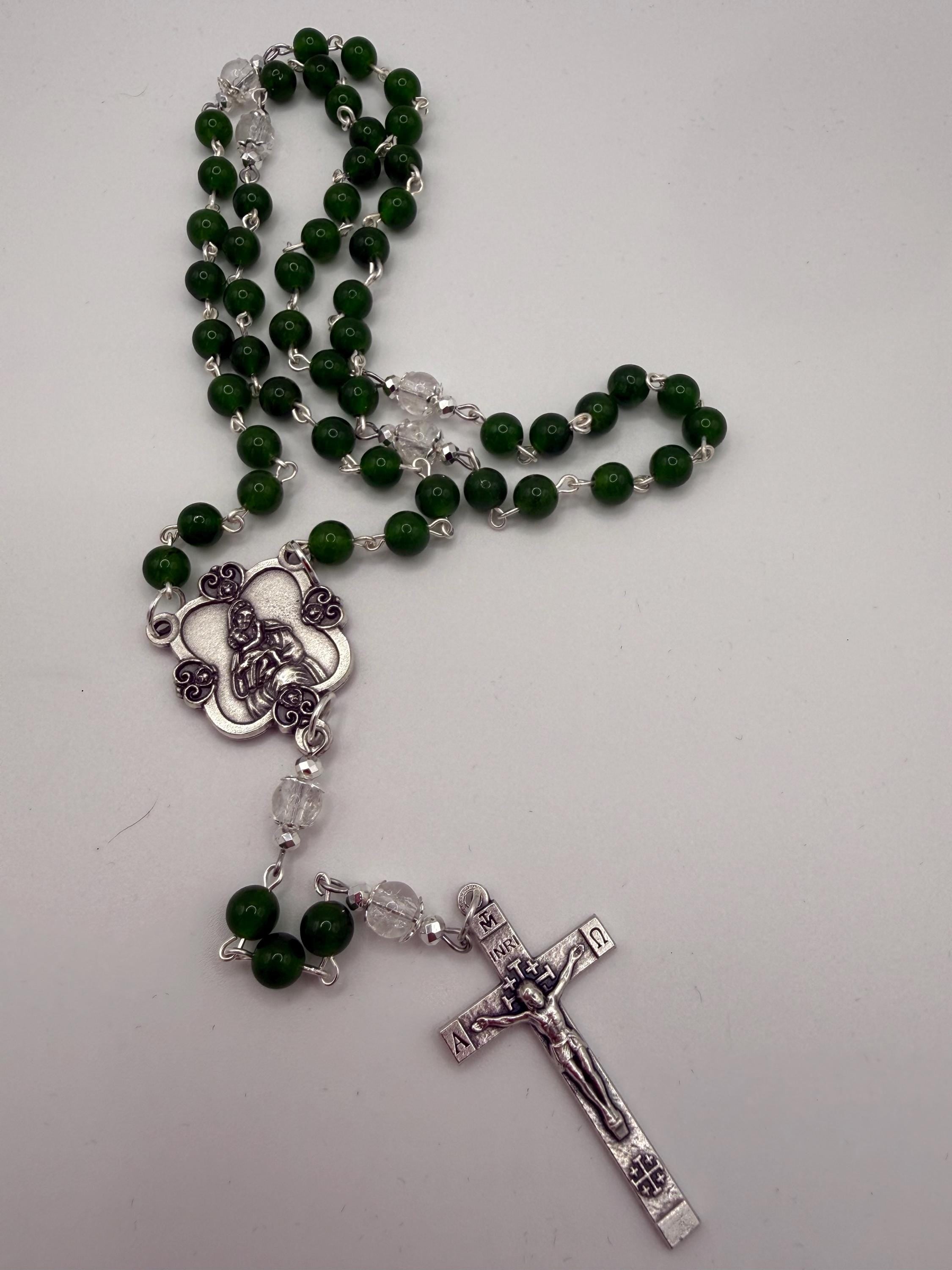 Handmade Green Rosary - Catholic Prayer Beads with Silver Madonna Centerpiece