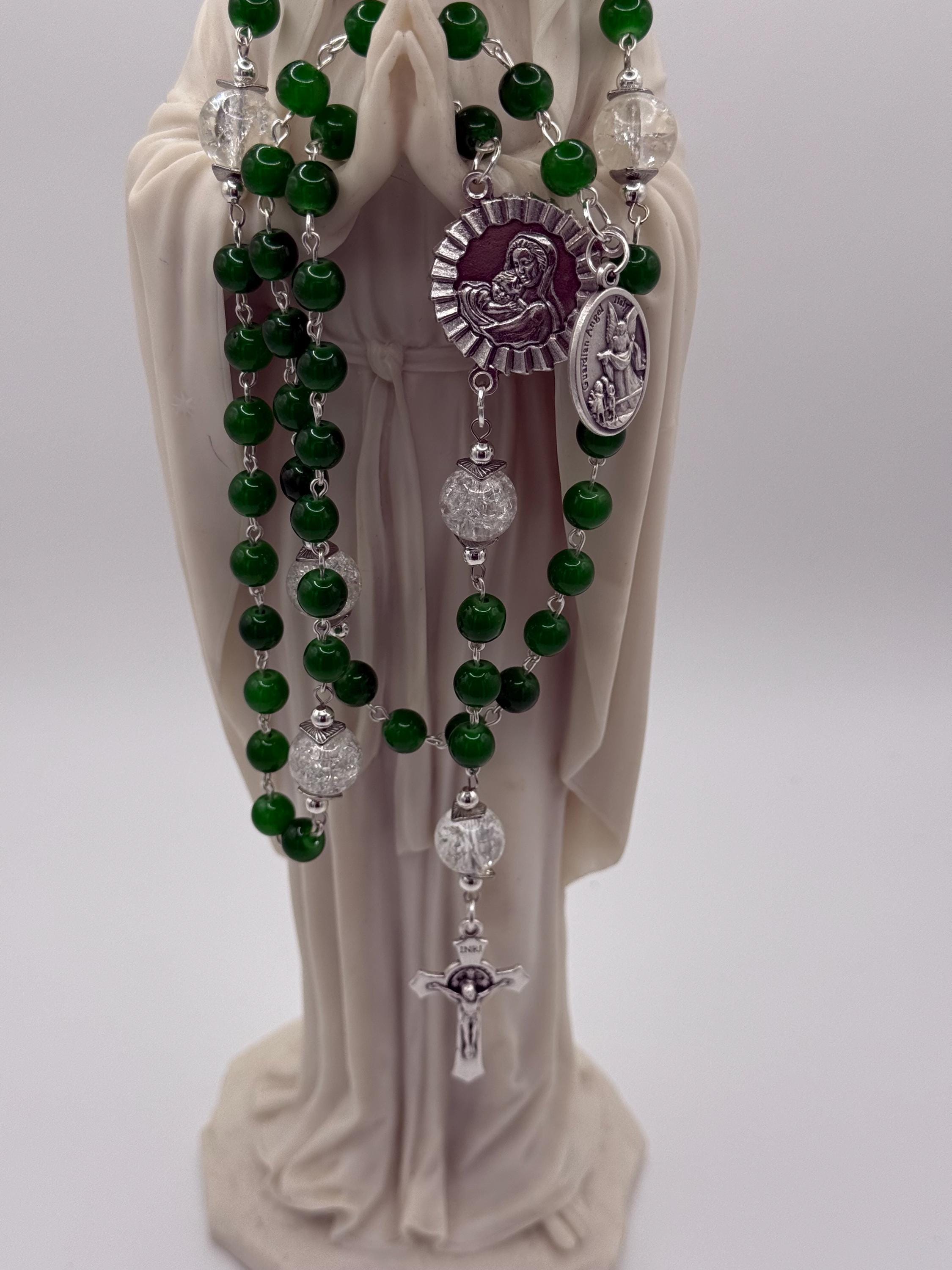 Handmade Green Rosary with Crackle Glass Beads, Miraculous Medal & Crucifix