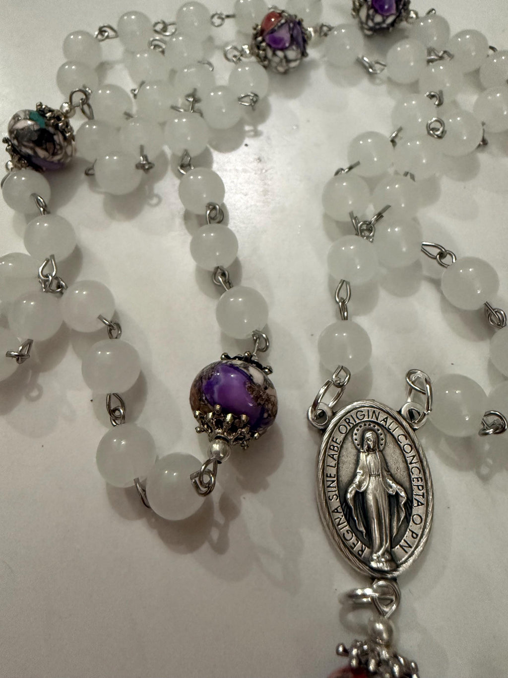 White Stone Rosary with Silver-Capped Accent Marble “Our Father” Beads.