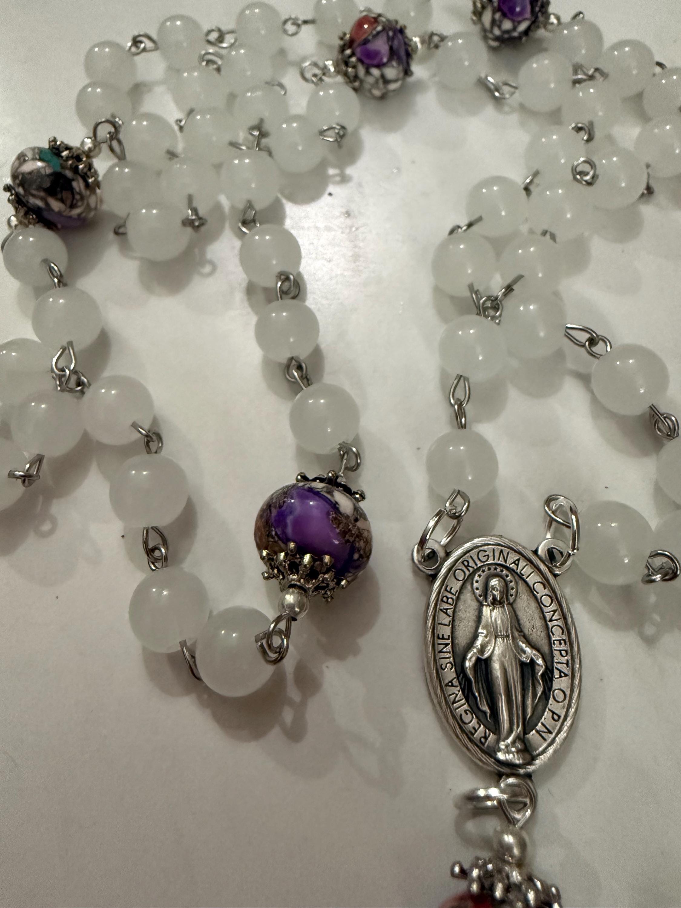 White Stone Rosary with Silver-Capped Accent Marble “Our Father” Beads.