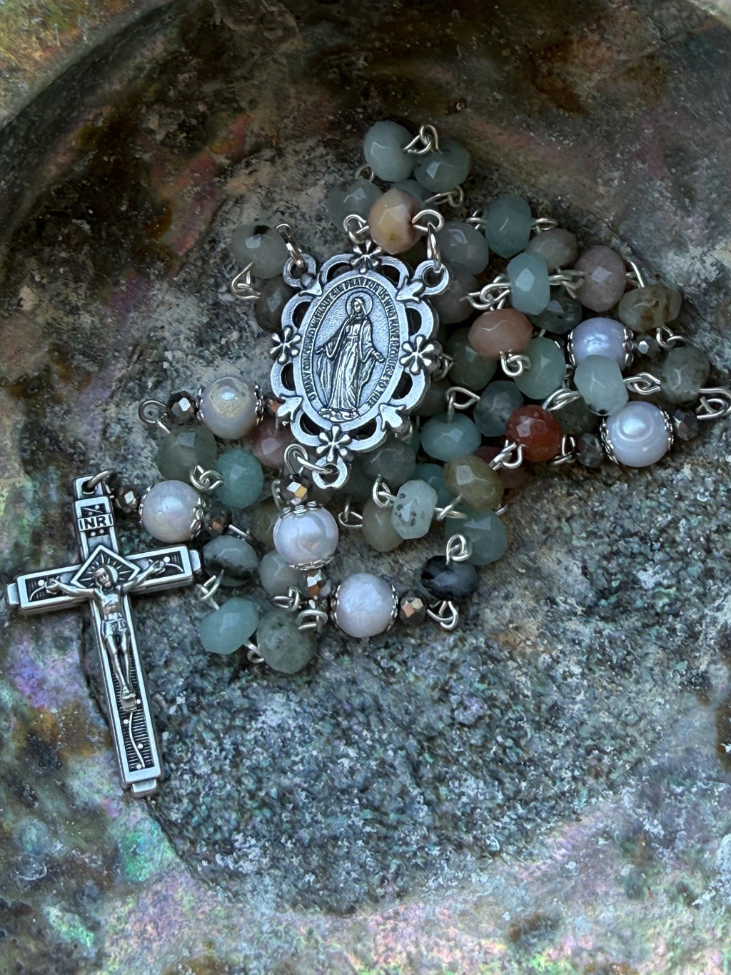 Handmade Amazonite Rosary with Freshwater Pearl Accents - Catholic Rosary Beads - Miraculous Medal