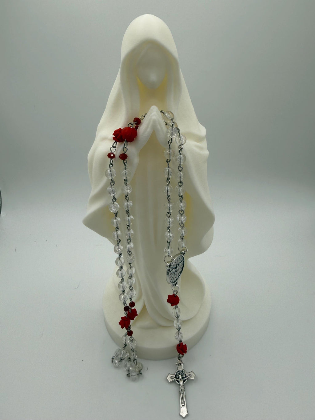 Clear Crackle Glass Rosary, Red Rose Beads, Holy Spirit Center, St. Benedict Crucifix