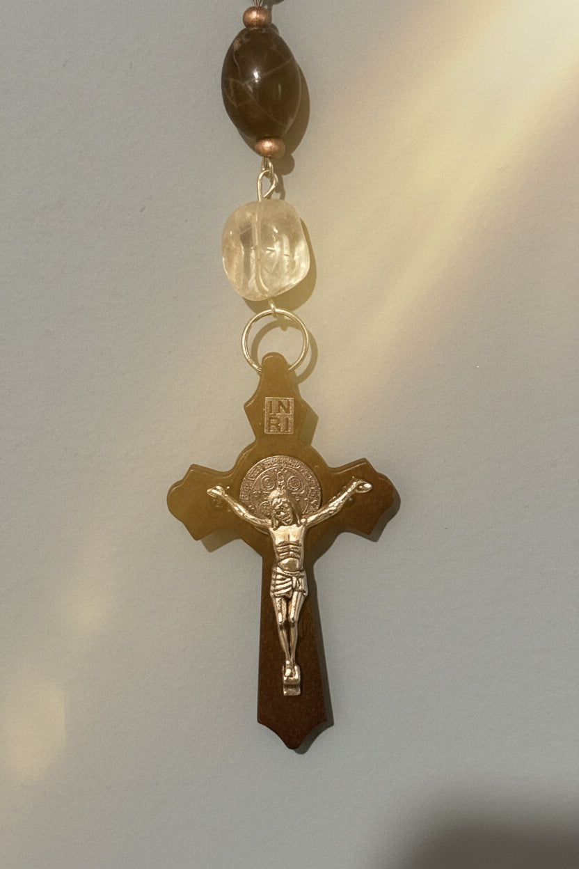 The Heirloom Wall Rosary – 38-Inch Vintage Black Marble Jasper & Clear Quartz