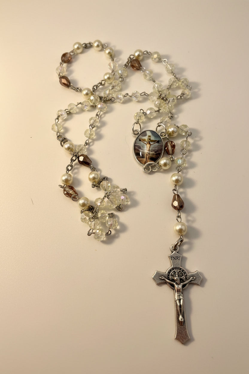 Handcrafted Catholic Rosary - Clear Crystal & Faux Pearl Beads with St. Benedict Crucifix and Sacred Heart Centerpiece - Traditional Prayer