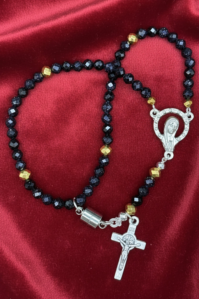 Gemstone Rosary Bracelet • Catholic Decade Prayer Bracelet • Mother Mary & Crucifix Charm - Magnetic Clasp