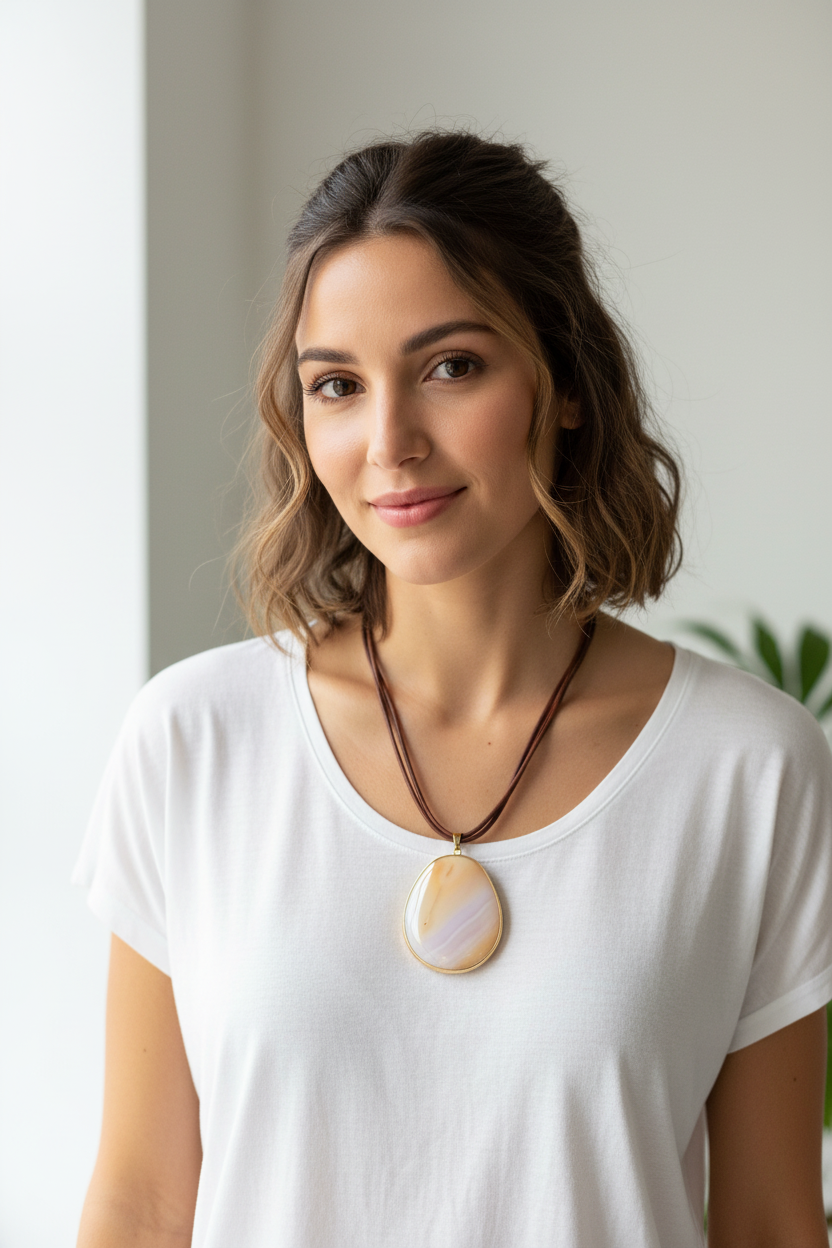Natural Agate Slice Pendant Necklace | Gold Edged Polished Gemstone | Multi-Strand Brown Leather Cord | Boho Statement Jewelry Gift