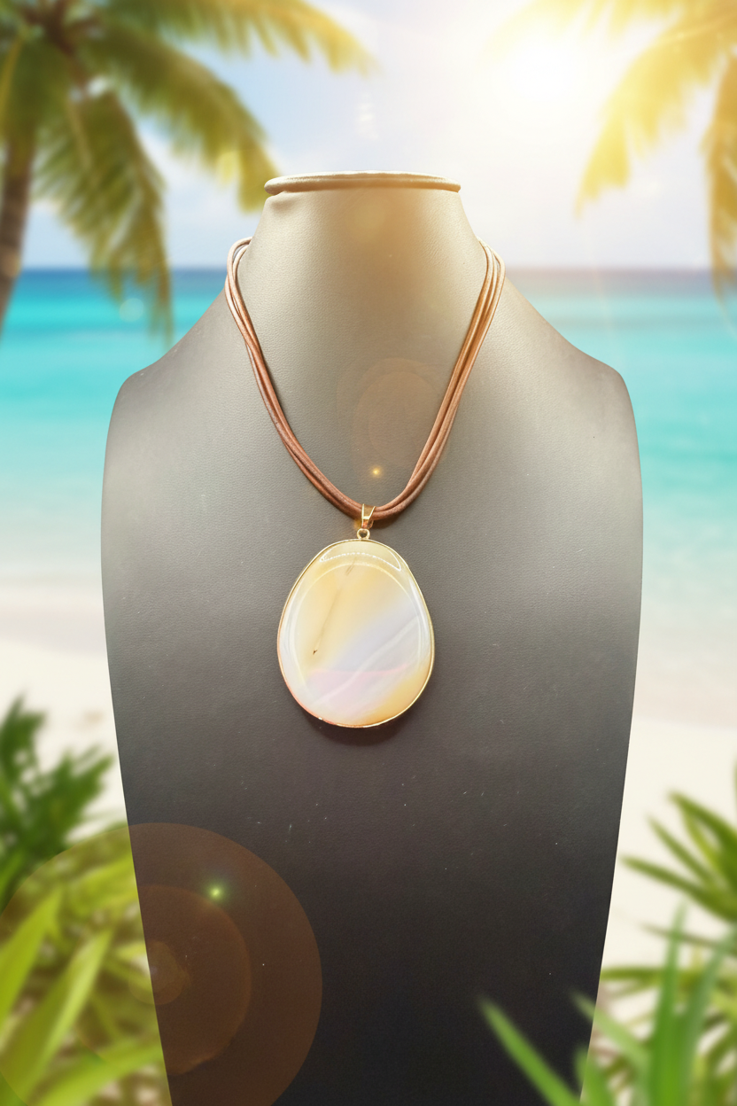 Natural Agate Slice Pendant Necklace | Gold Edged Polished Gemstone | Multi-Strand Brown Leather Cord | Boho Statement Jewelry Gift