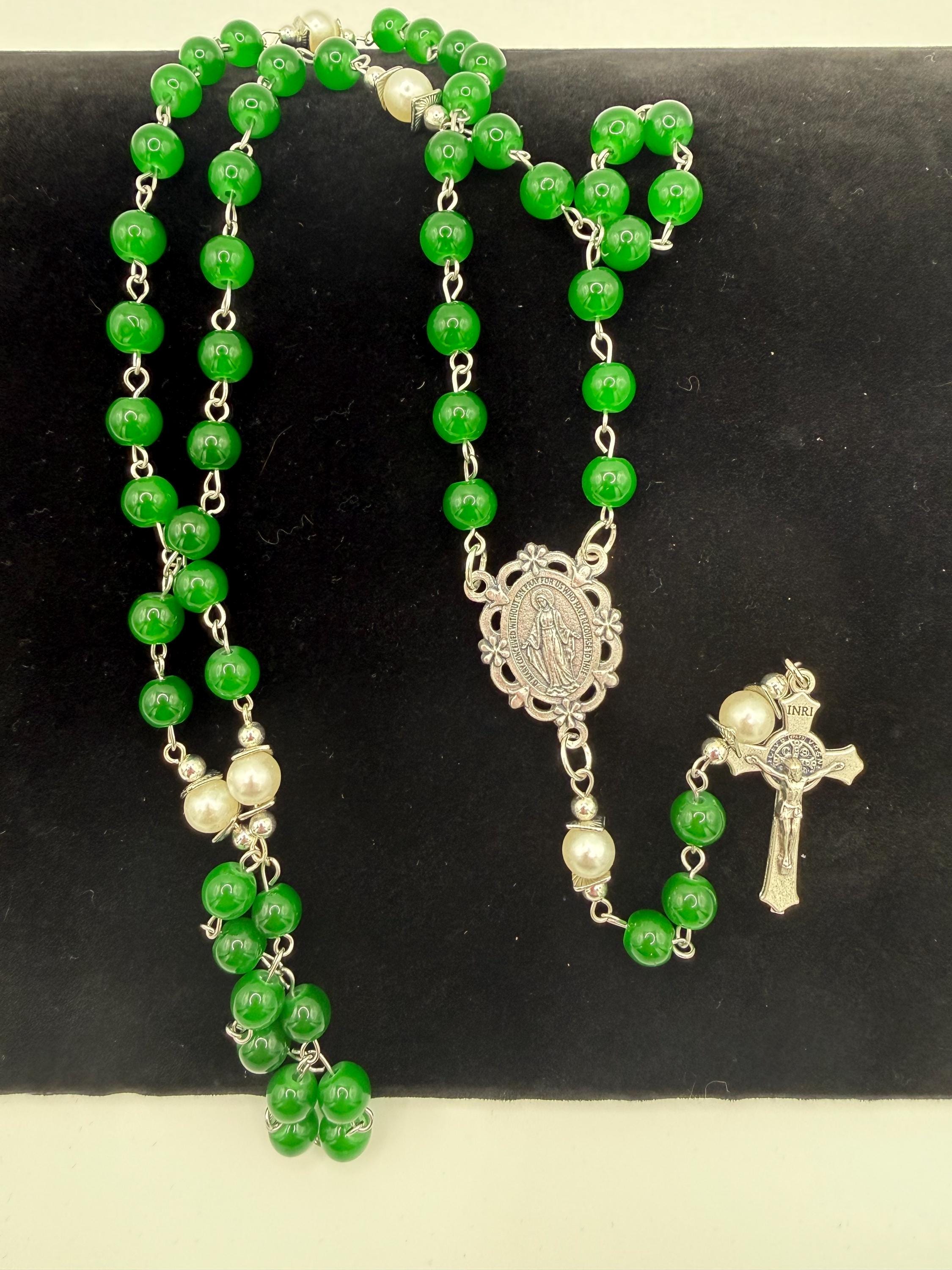 Handmade Green Rosary - Catholic Prayer Beads with Silver Madonna Centerpiece