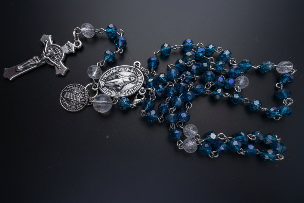 Blue Crystal Rosary with INR Crucifix and Rosary Tracker