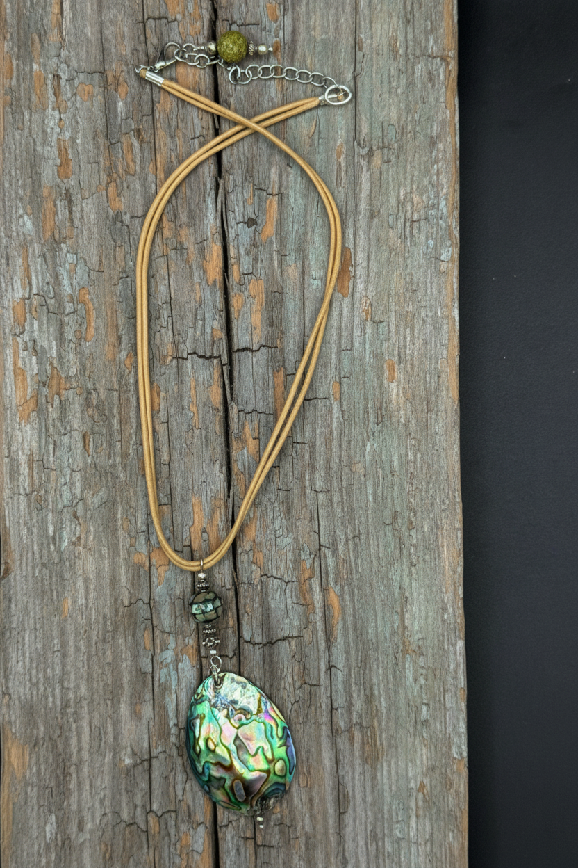 Natural Abalone Shell Pendant Necklace with Tan Leather Cord