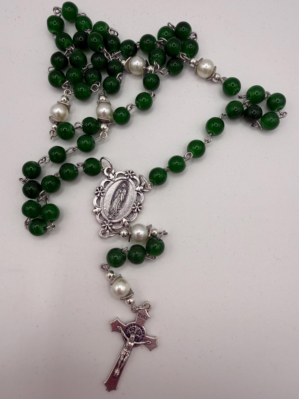 Handmade Green Rosary - Catholic Prayer Beads with Silver Madonna Centerpiece