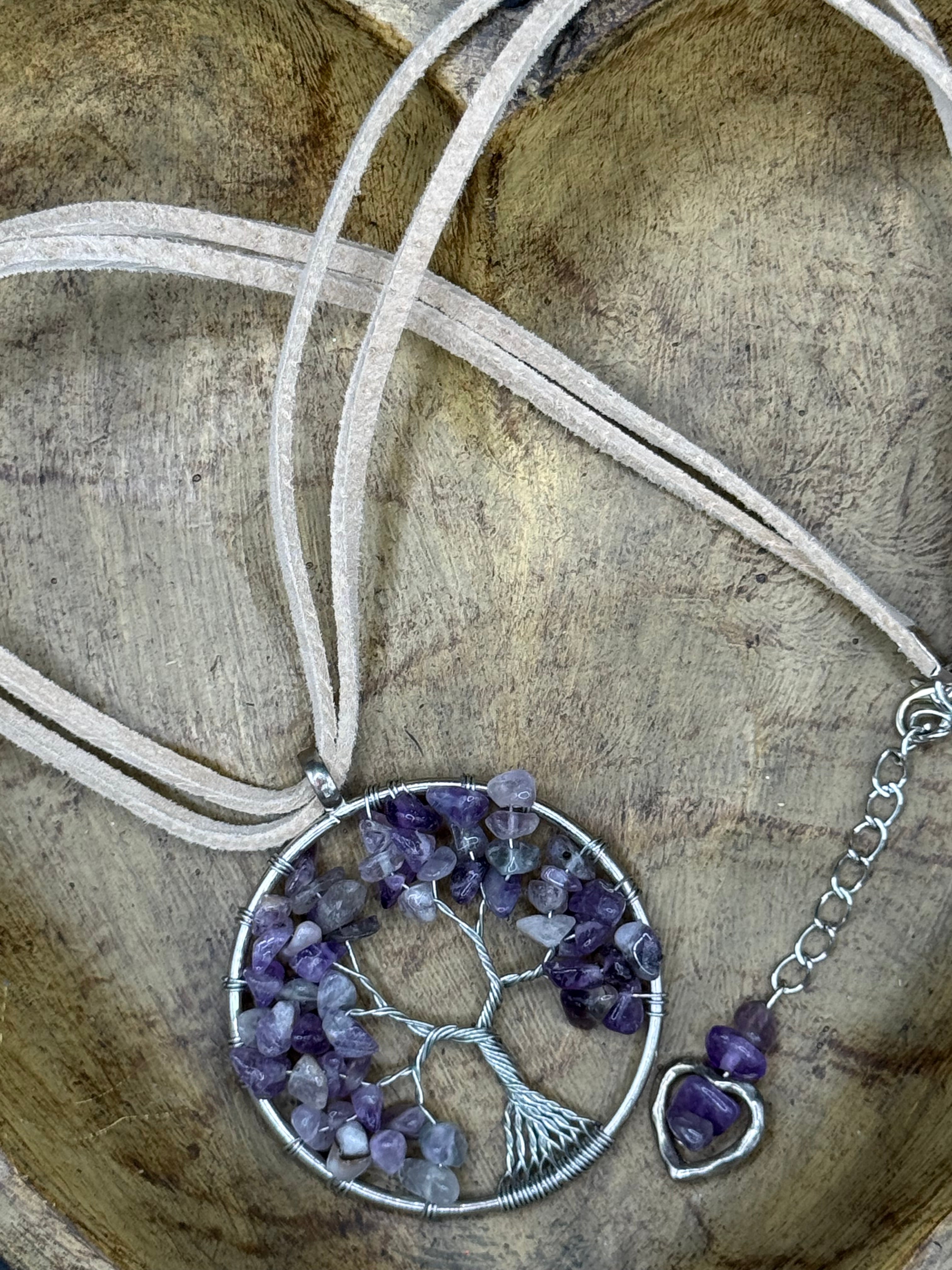 Boho Amethyst Tree of Life Wire Wrapped Pendant Necklace