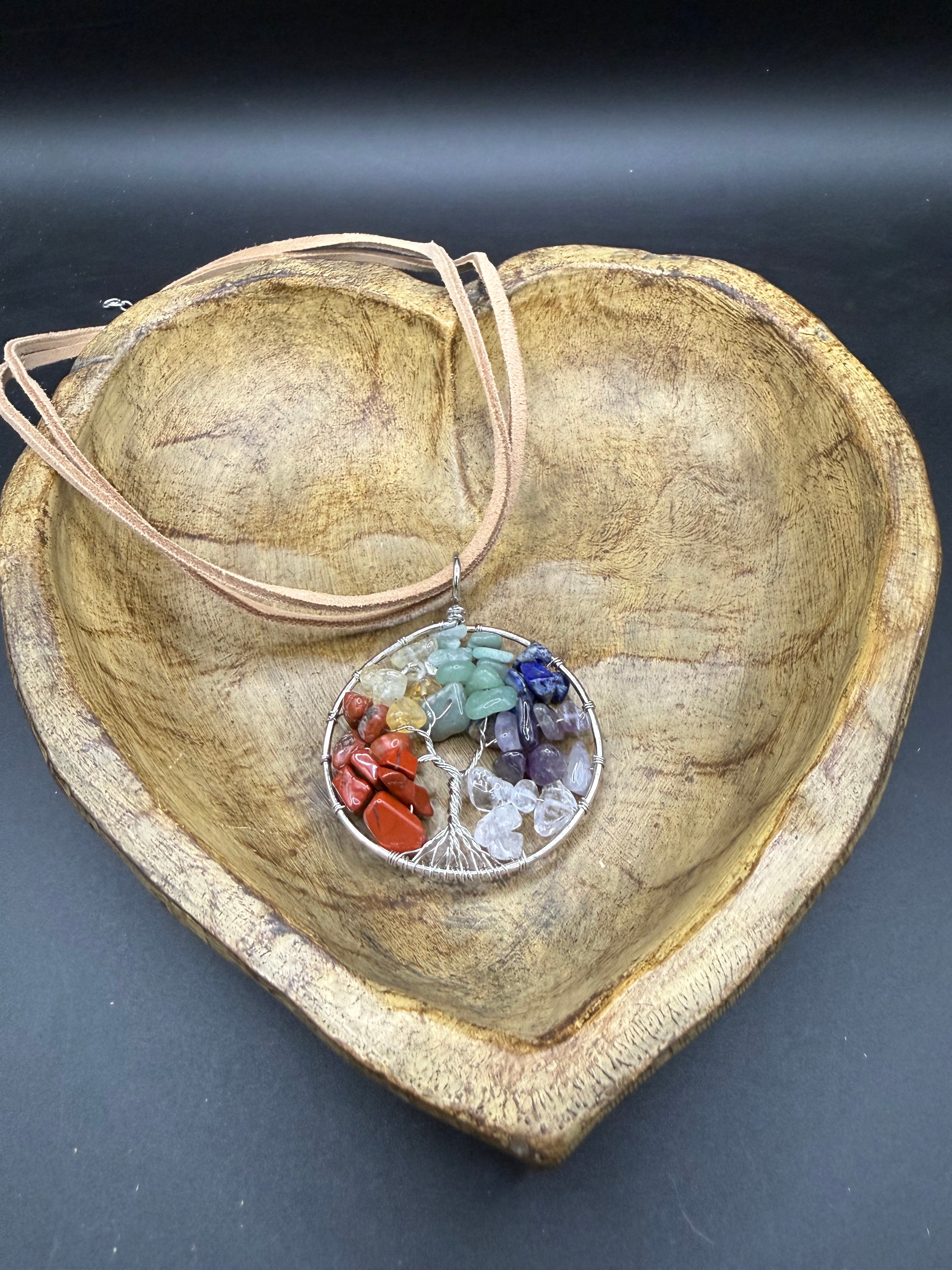 Chakra Tree of Life Pendant Necklace, Wire Wrapped Rainbow Crystal Chip Pendant on Tan Suede Cord, Boho Chic Spiritual Gemstone Jewelry