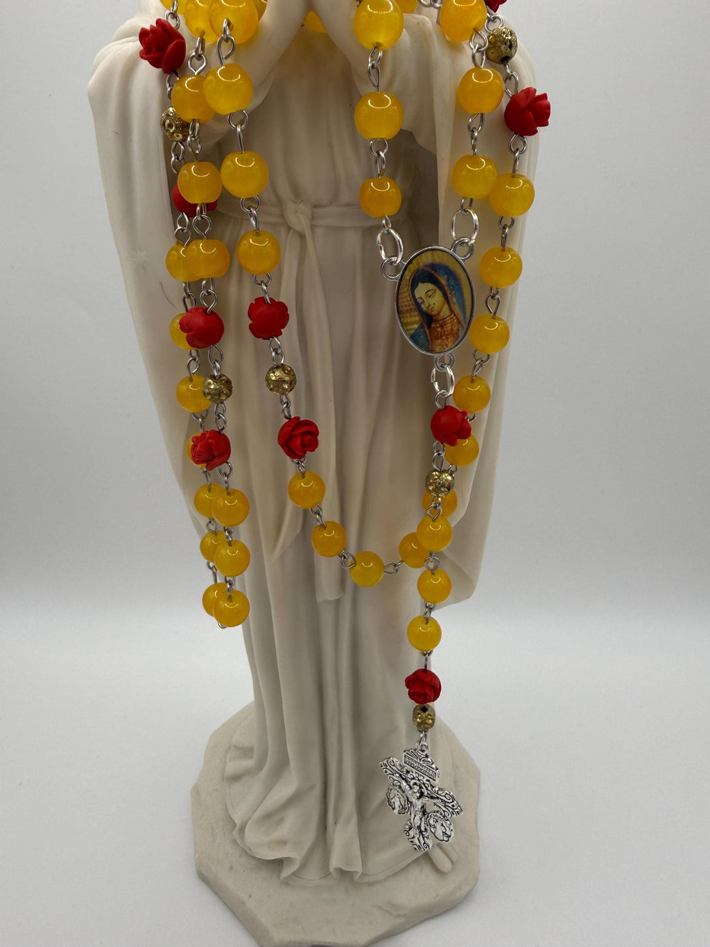 Yellow Glass Bead Rosary With Red Rose Accents, Our Lady of Guadalupe Center