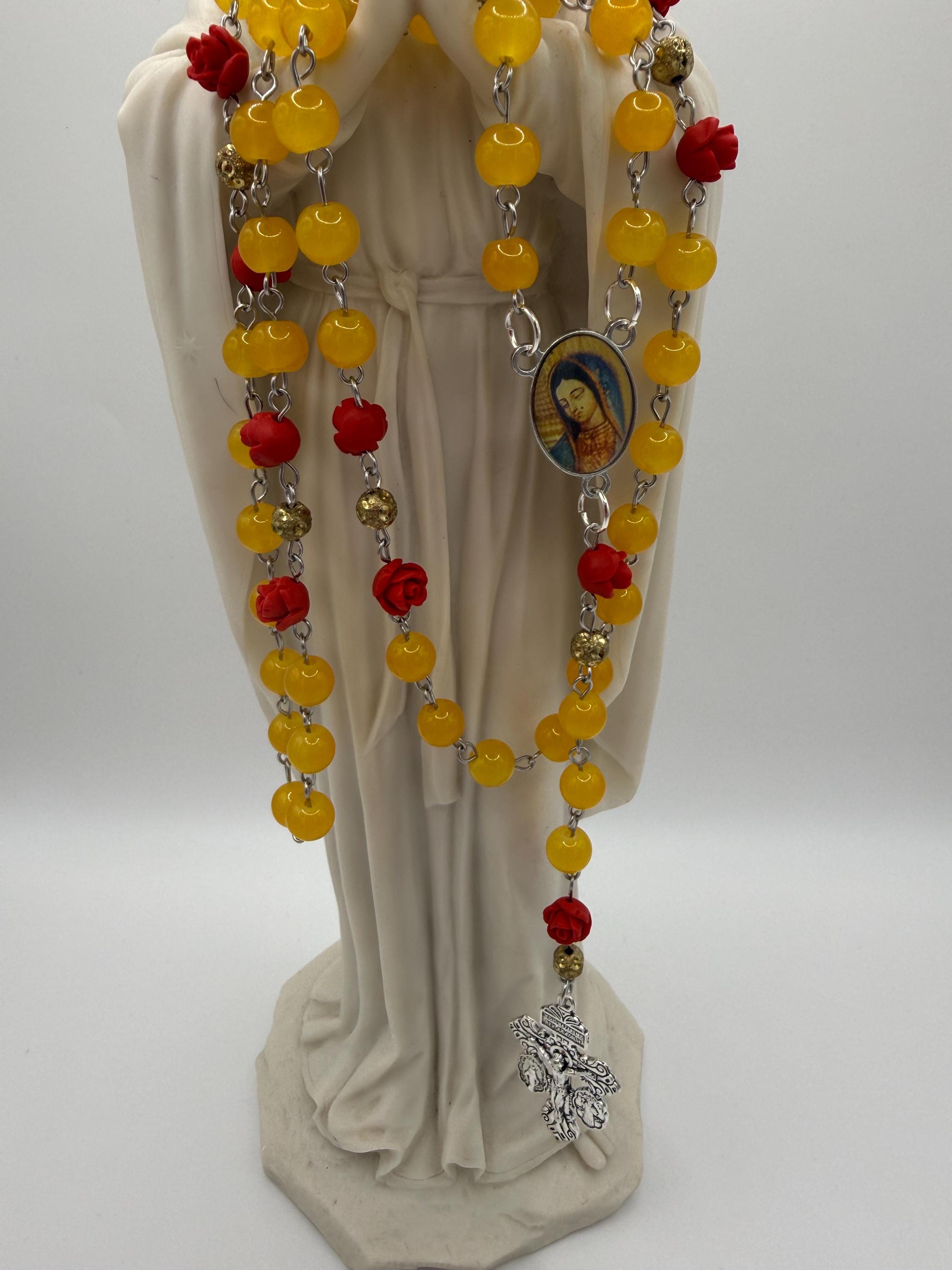Yellow Glass Bead Rosary With Red Rose Accents, Our Lady of Guadalupe Center