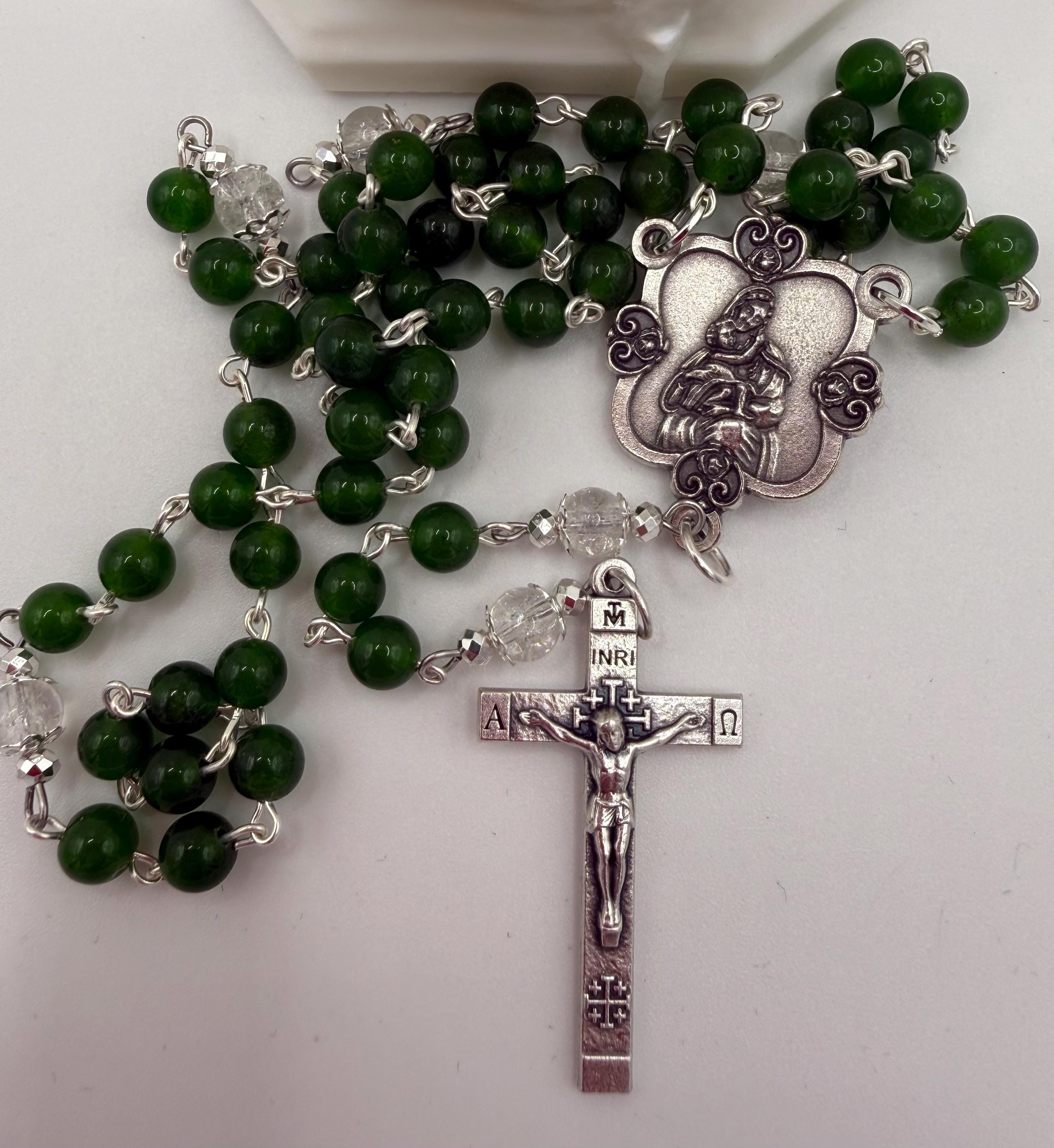 Handmade Green Rosary - Catholic Prayer Beads with Silver Madonna Centerpiece