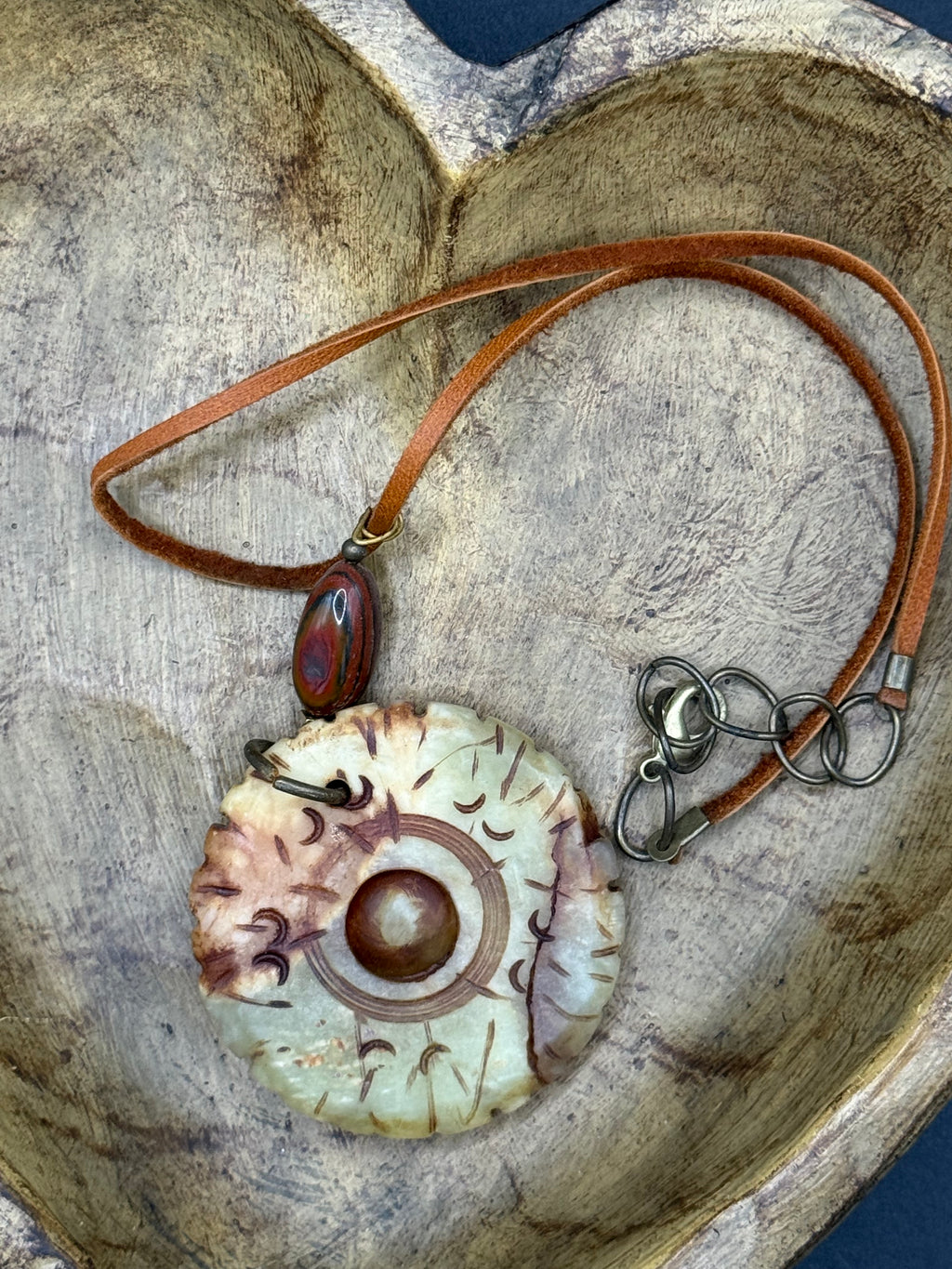 Carved Serpentine Jade Bi Disc Pendant Necklace | Tiger Iron Gemstone Boho Amulet
