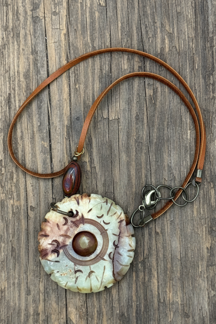 Carved Serpentine Jade Bi Disc Pendant Necklace | Tiger Iron Gemstone Boho Amulet