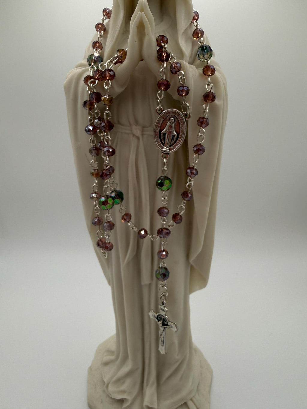 Purple Crystal Rosary, Iridescent Our Father Beads, Miraculous Medal