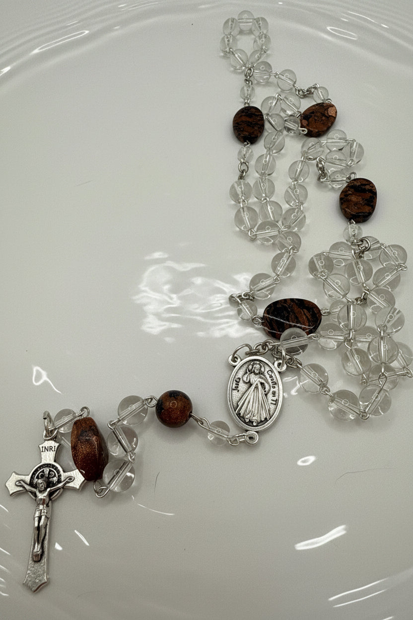 Clear Glass Rosary Featuring Sandstone Accent Bead