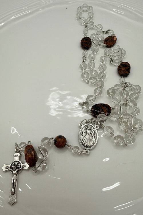 Clear Glass Rosary Featuring Sandstone Accent Bead