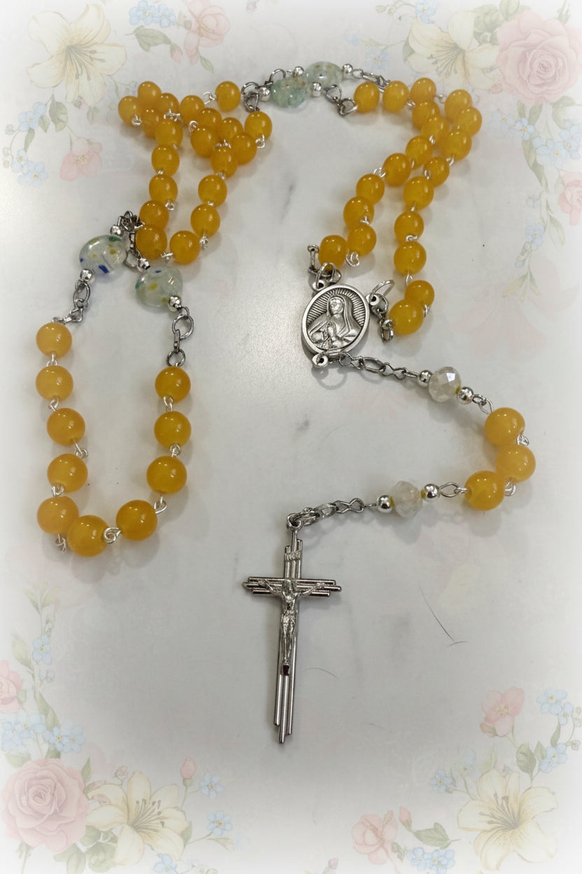 Yellow and White Floral Rosary with Mother Mary Centerpiece