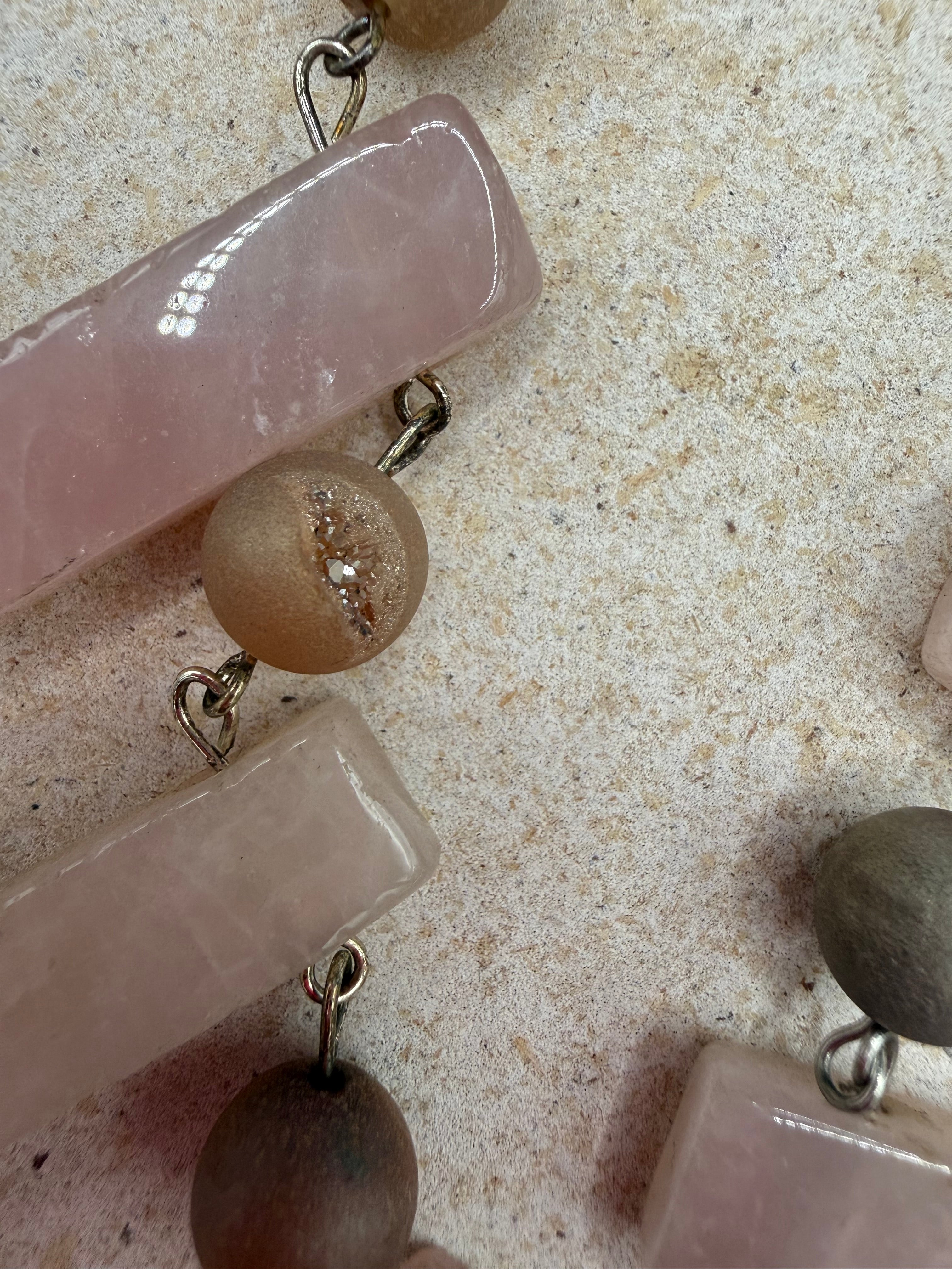 Rose Quartz Bib Necklace | Natural Stone Slab Statement Necklace | Boho Crystal Jewelry
