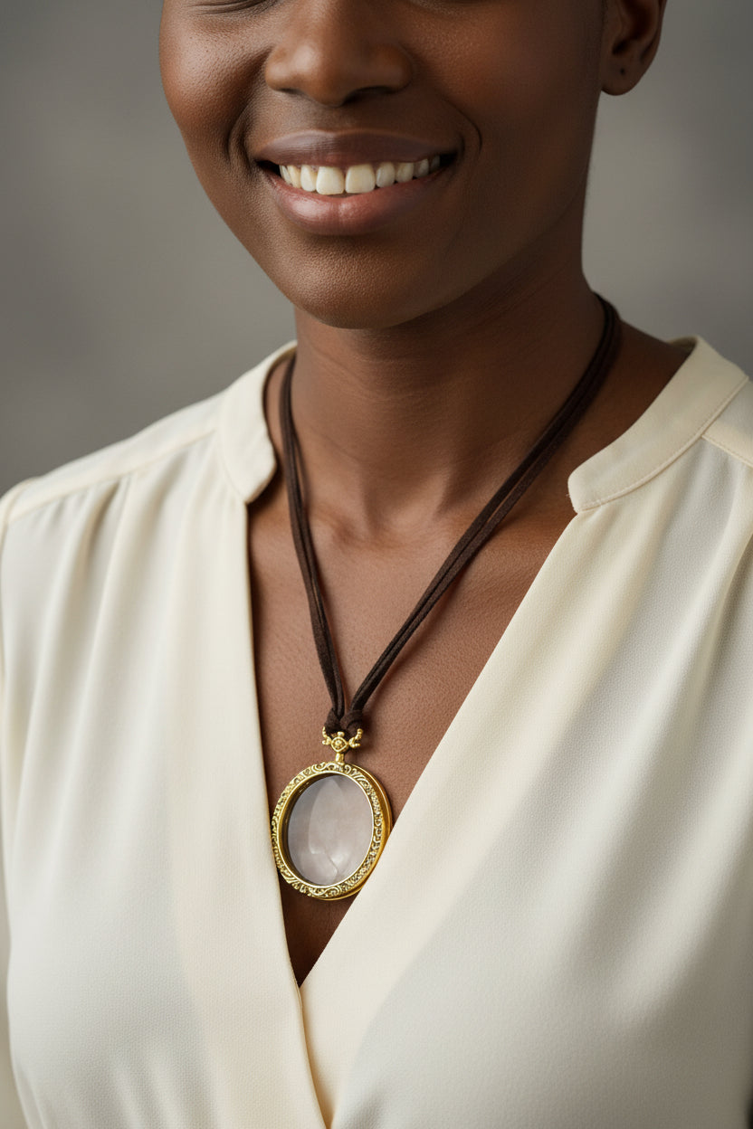 Vintage Style Magnifying Glass Pendant Necklace, Gold Ornate Round Loupe Charm on Brown Suede Cord, Steampunk Antique Style Monocle Necklace, Functional Reading Glass Jewelry