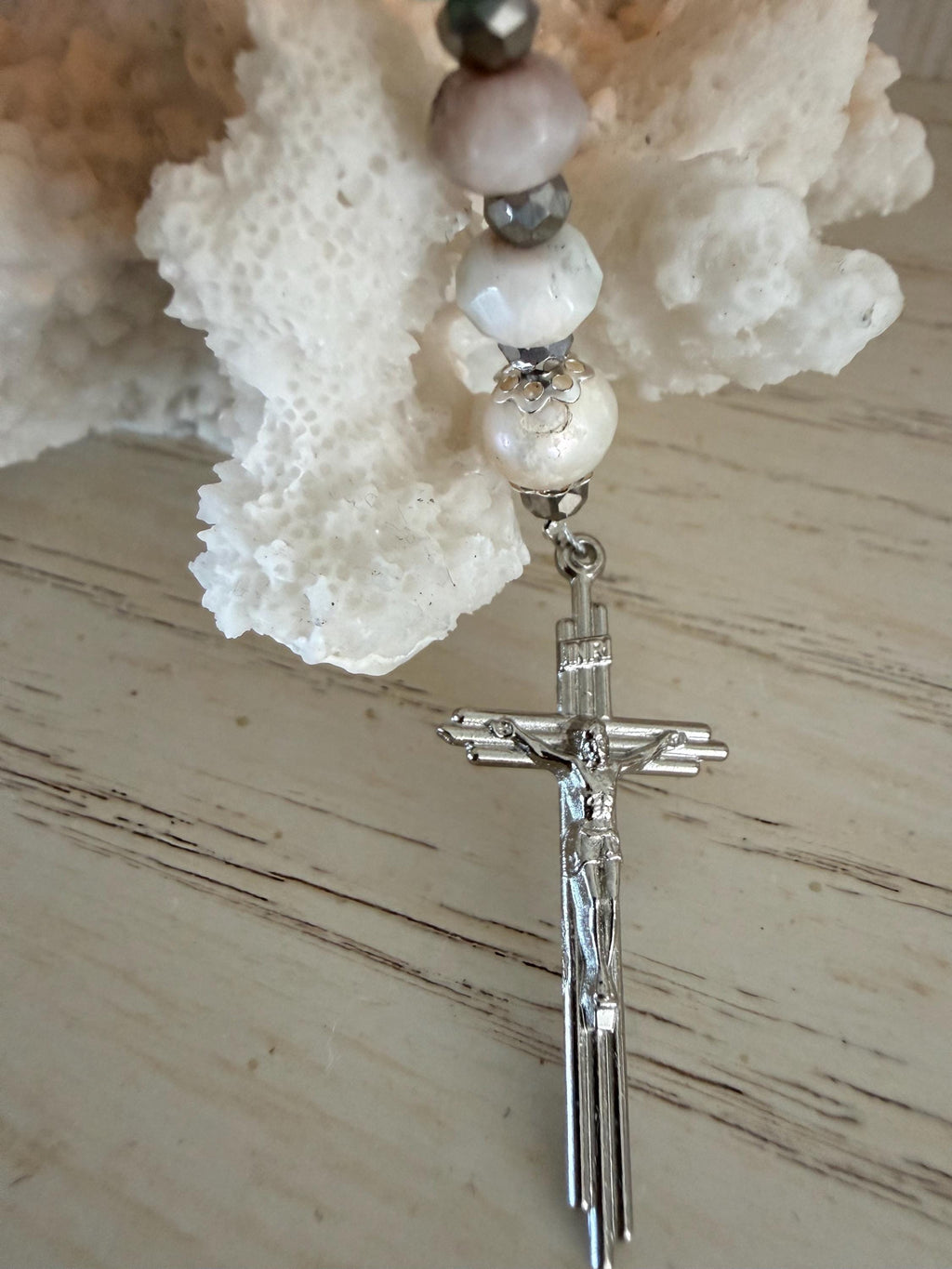 Title: Earth and Sea Natural Stone Rosary with Triple Nail Crucifix