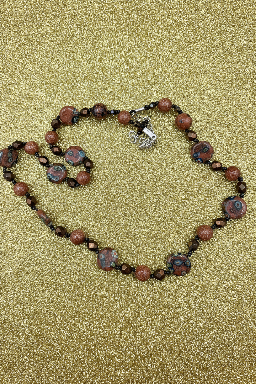 Sparkling Goldstone & Venetian Millefiori Glass Bead Necklace | Warm Earth Tones