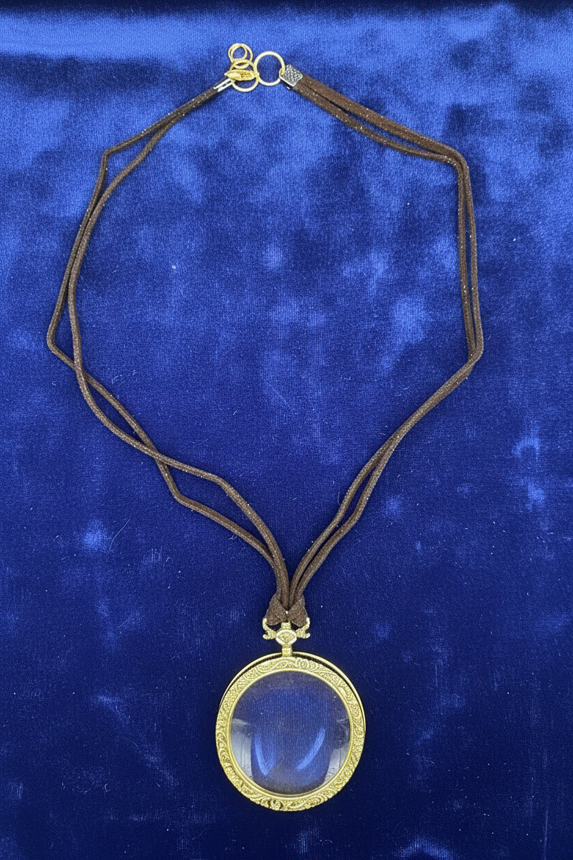 Vintage Style Magnifying Glass Pendant Necklace, Gold Ornate Round Loupe Charm on Brown Suede Cord, Steampunk Antique Style Monocle Necklace, Functional Reading Glass Jewelry