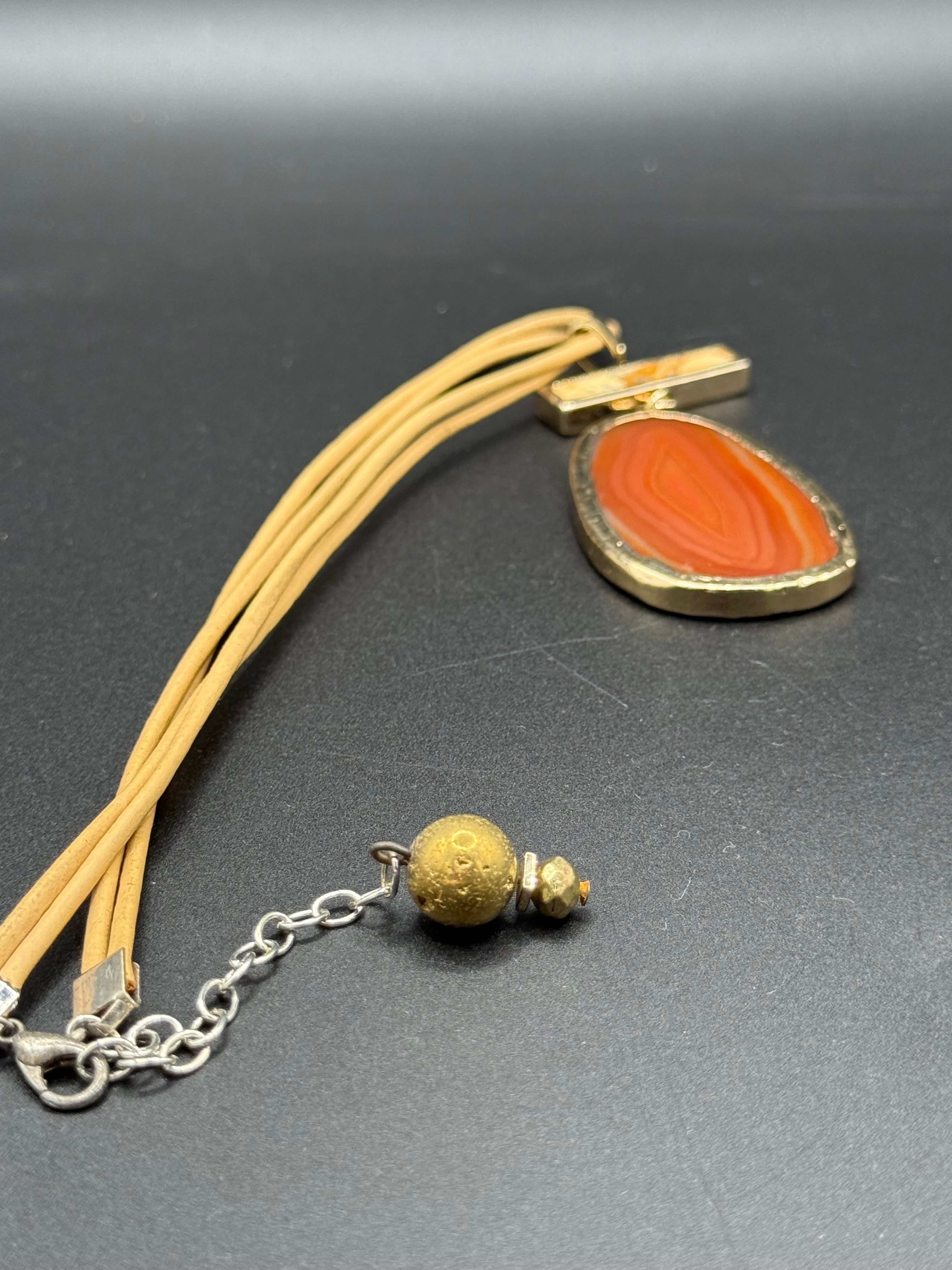 Boho Statement Agate Slice Necklace - Terracotta Orange Stone Pendant on Neutral Cord, Gold Trim, Gift for Her