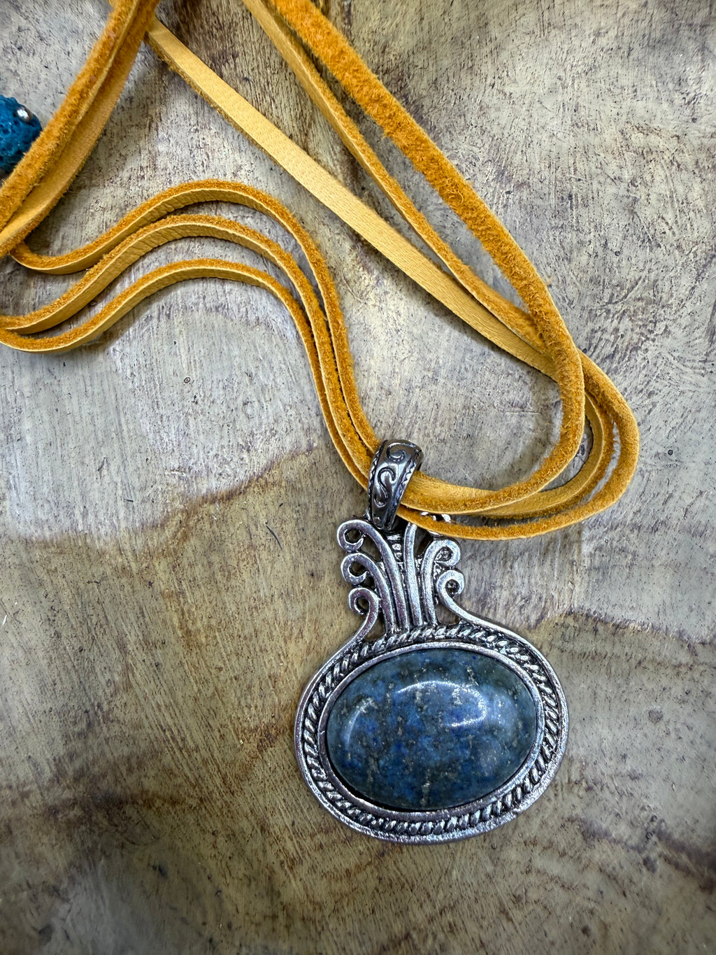 Boho Lapis Lazuli Oval Pendant Necklace, Ornate Silver Framed Blue Gemstone Charm, Double Strand Yellow-Ochre Suede Cord, Tribal Artisan Statement Jewelry