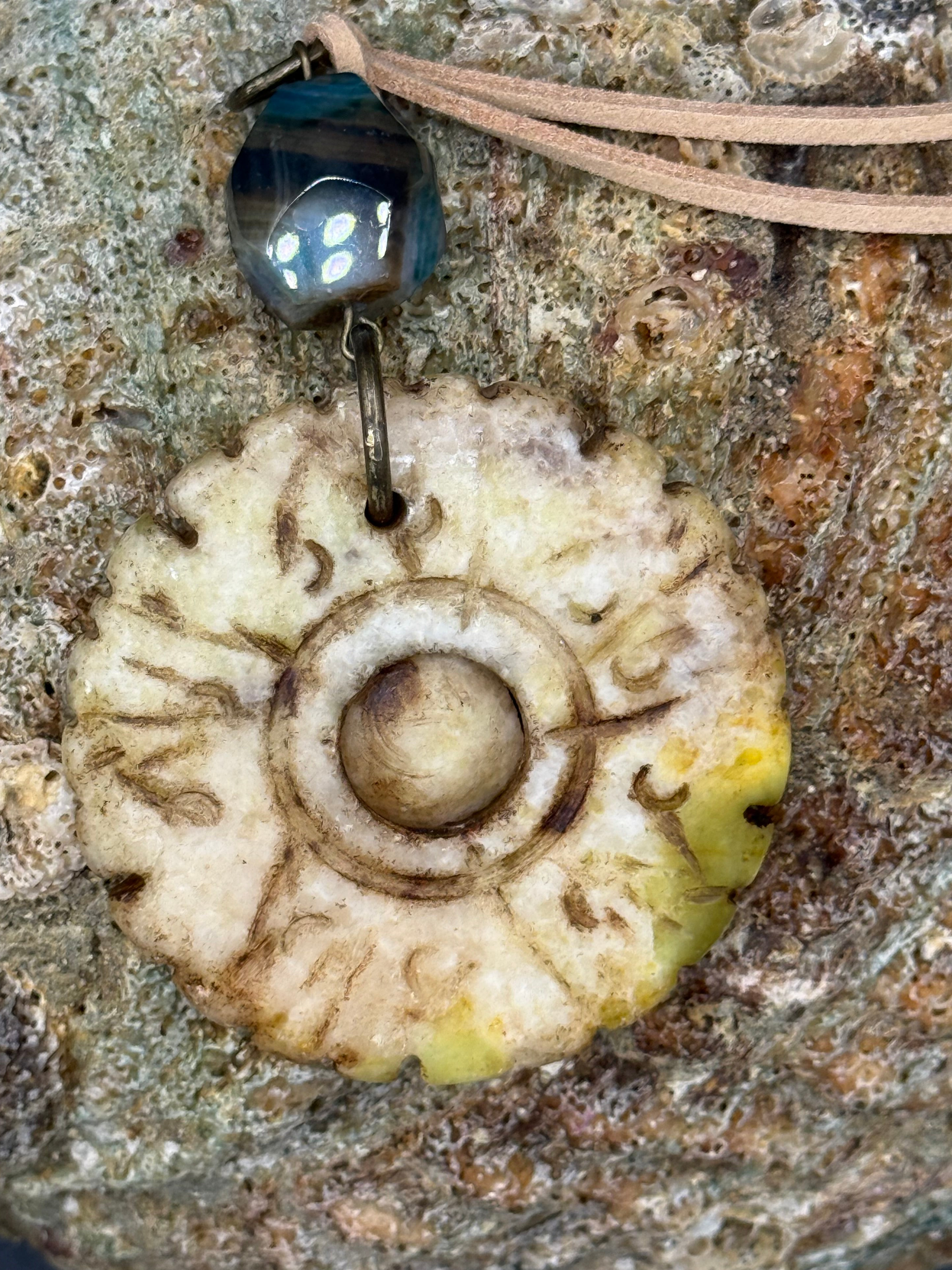 Handcrafted Bohemian Stone Pendant Necklace | Earthy Carved Disc & Agate Bead on Suede Cord
