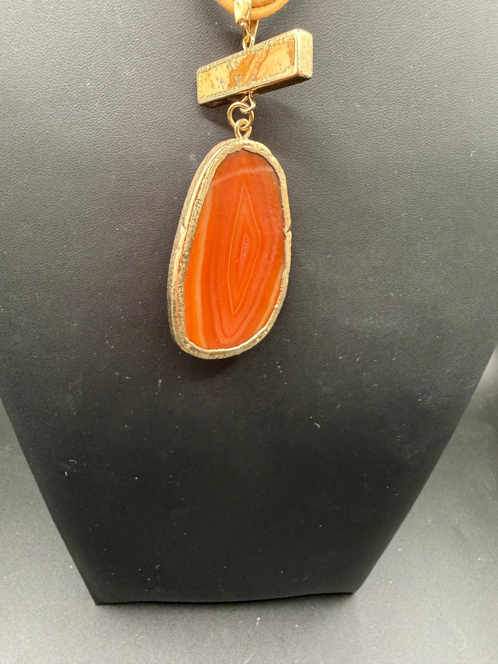 Boho Statement Agate Slice Necklace - Terracotta Orange Stone Pendant on Neutral Cord, Gold Trim, Gift for Her
