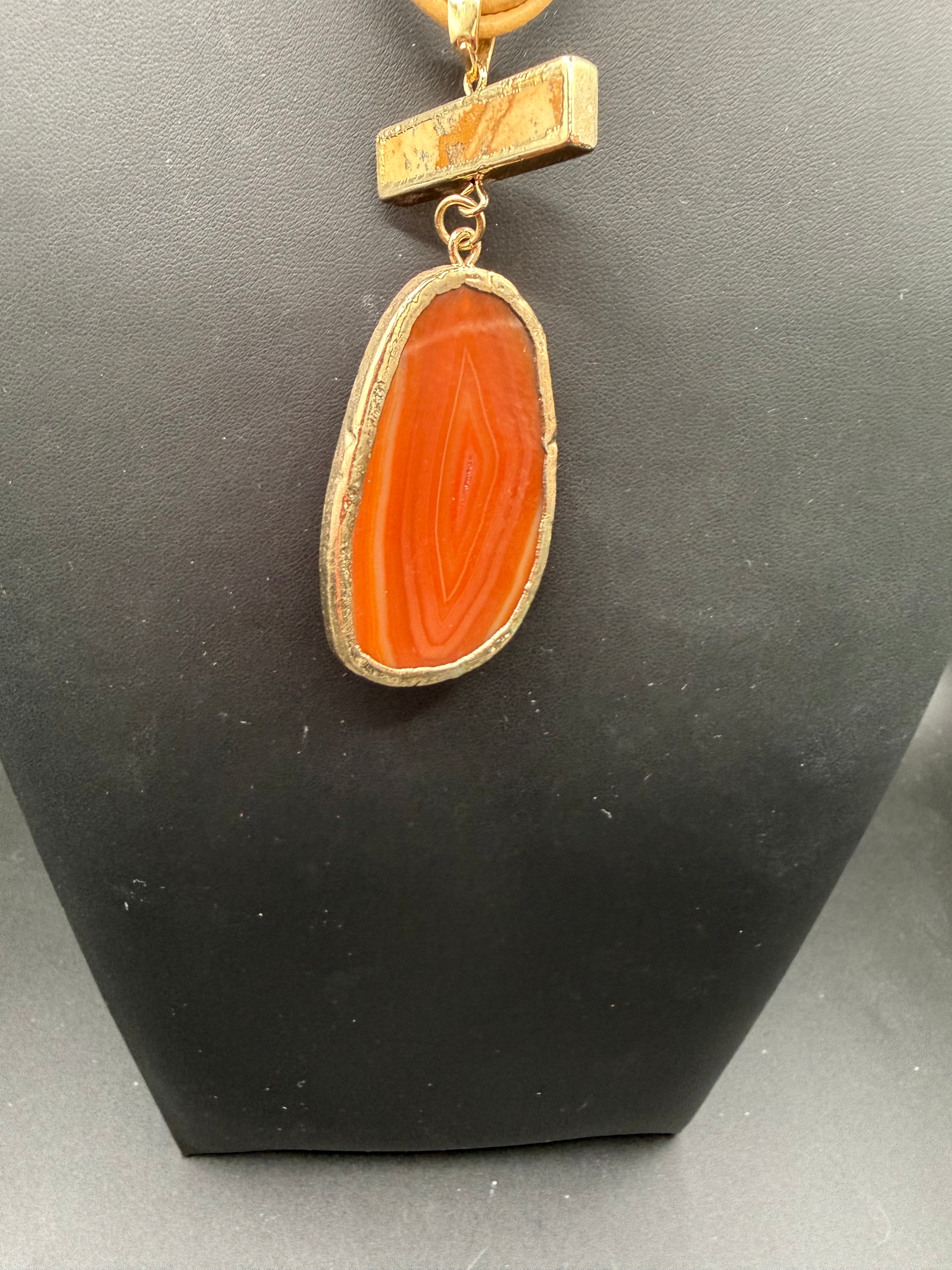 Boho Statement Agate Slice Necklace - Terracotta Orange Stone Pendant on Neutral Cord, Gold Trim, Gift for Her