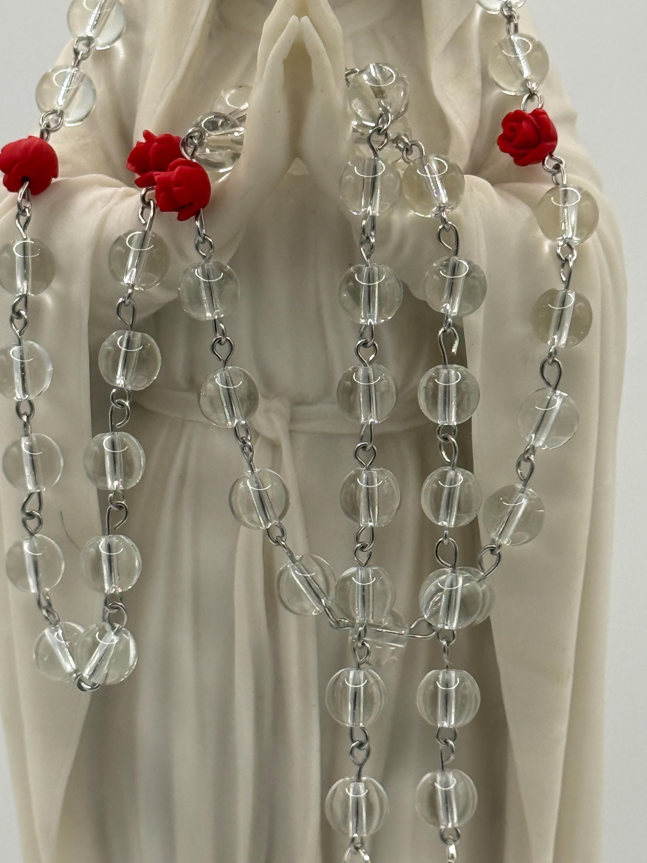 Clear Glass Rosary, Red Rose Beads, Miraculous Medal