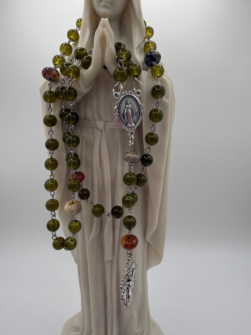 Handmade Green Rosary-Olive Beads with Agate Accents, Silver Miraculous Medal Center and Pardon Crucifix