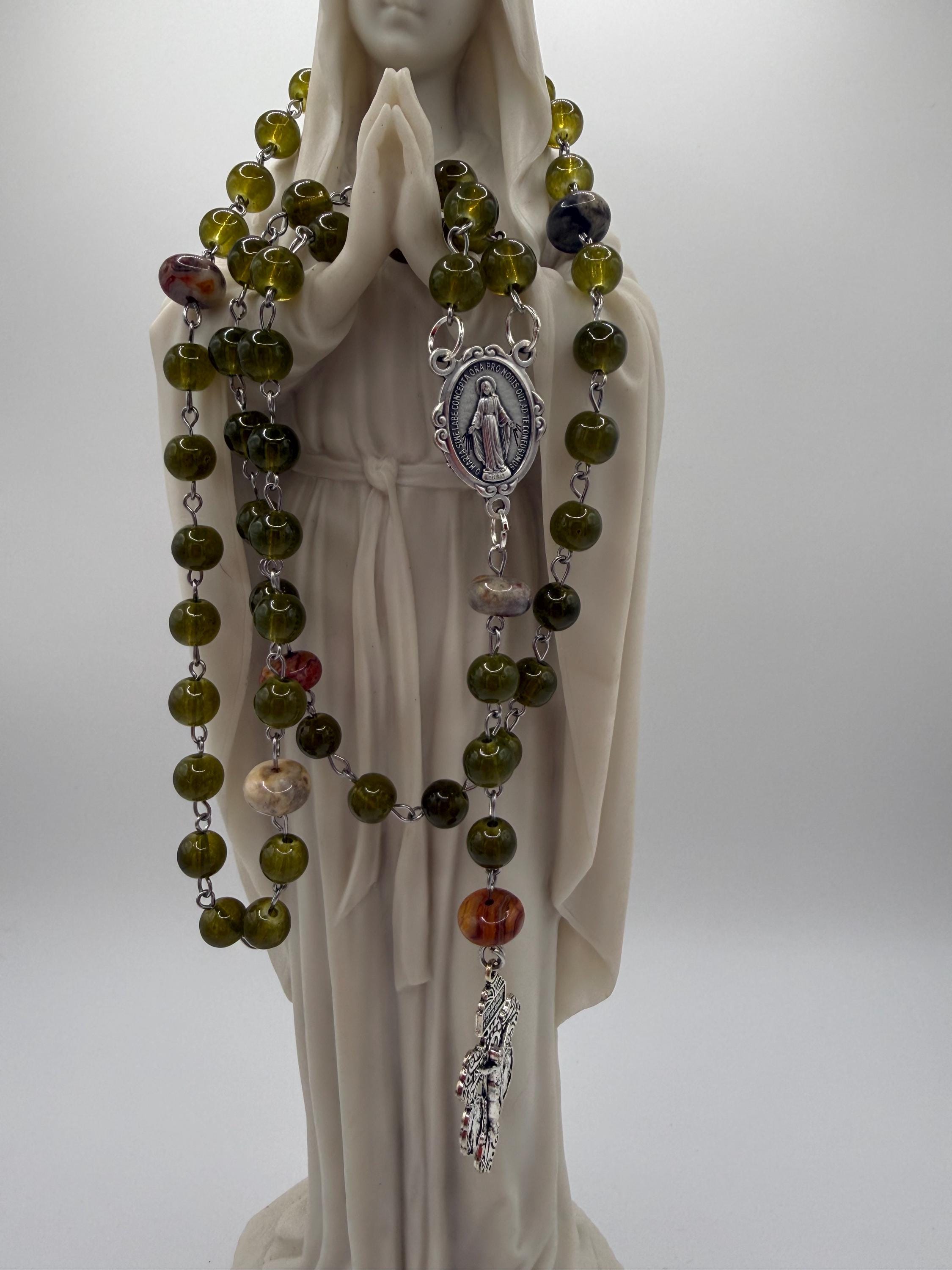 Handmade Green Rosary-Olive Beads with Agate Accents, Silver Miraculous Medal Center and Pardon Crucifix