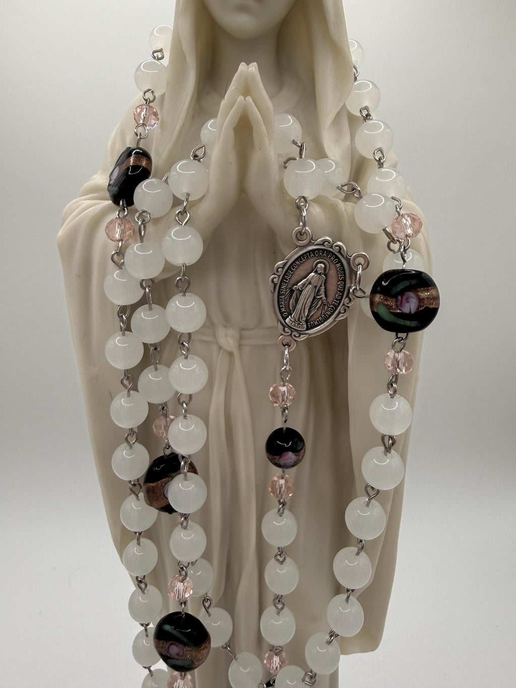 Unique and One of a Kind Rosary With Black Beads and Pink Roses.