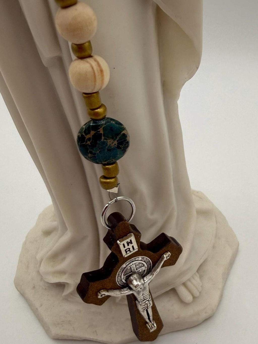 Handmade Green Bead Rosary with Wood & Silver Crucifix – Catholic Prayer Rosary