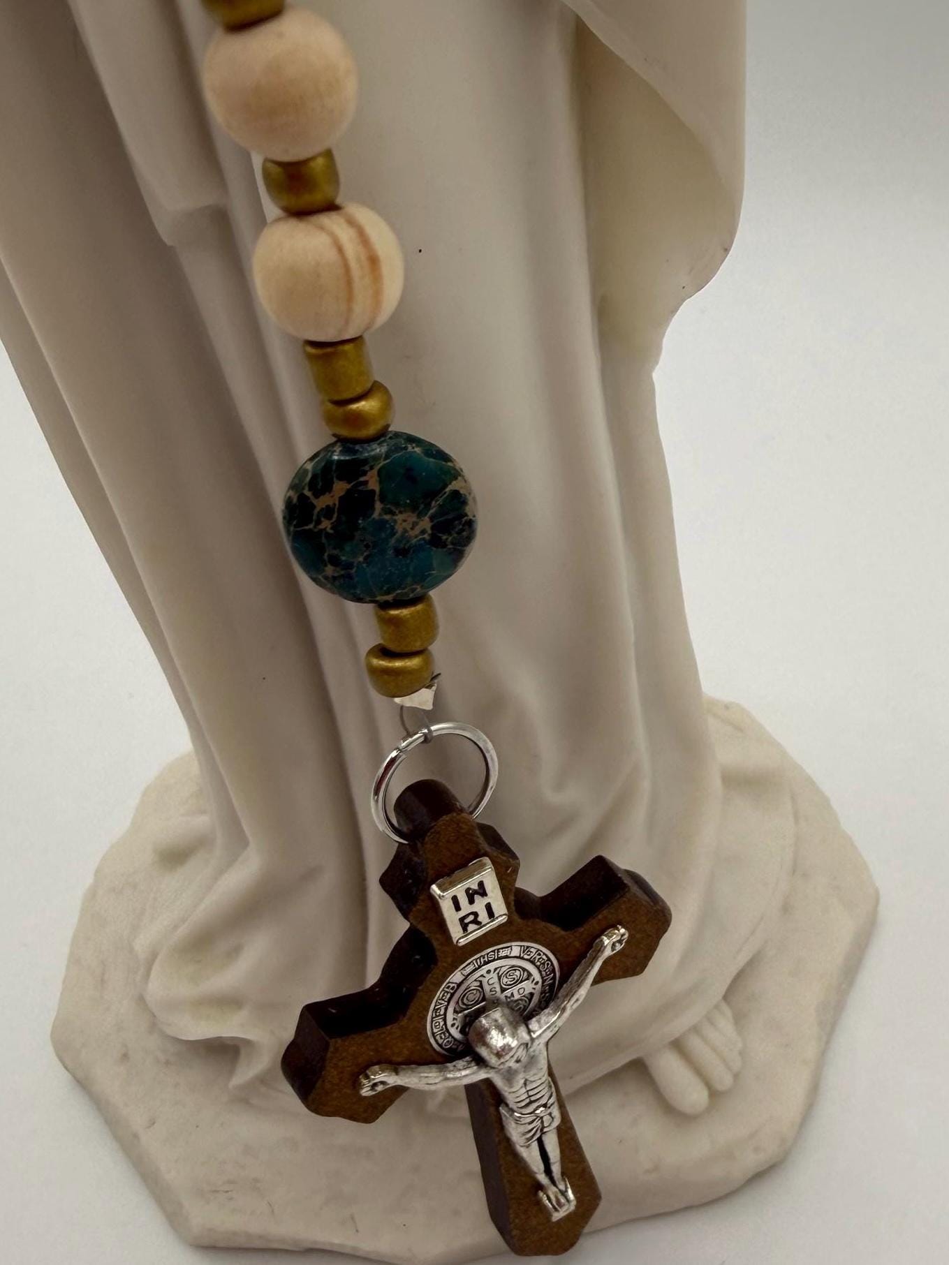 Handmade Green Bead Rosary with Wood & Silver Crucifix – Catholic Prayer Rosary