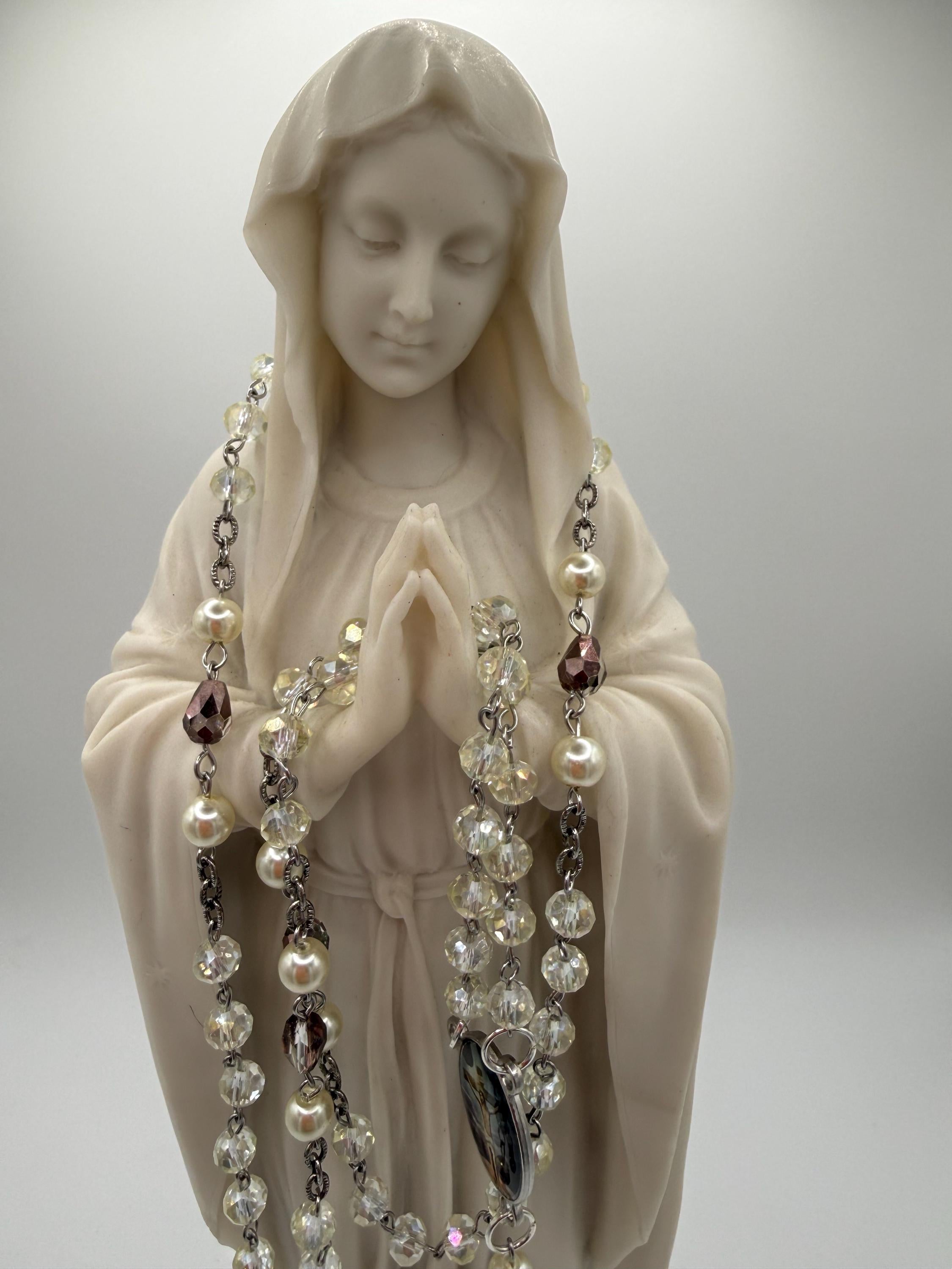 Handcrafted Catholic Rosary - Clear Crystal & Faux Pearl Beads with St. Benedict Crucifix and Sacred Heart Centerpiece - Traditional Prayer