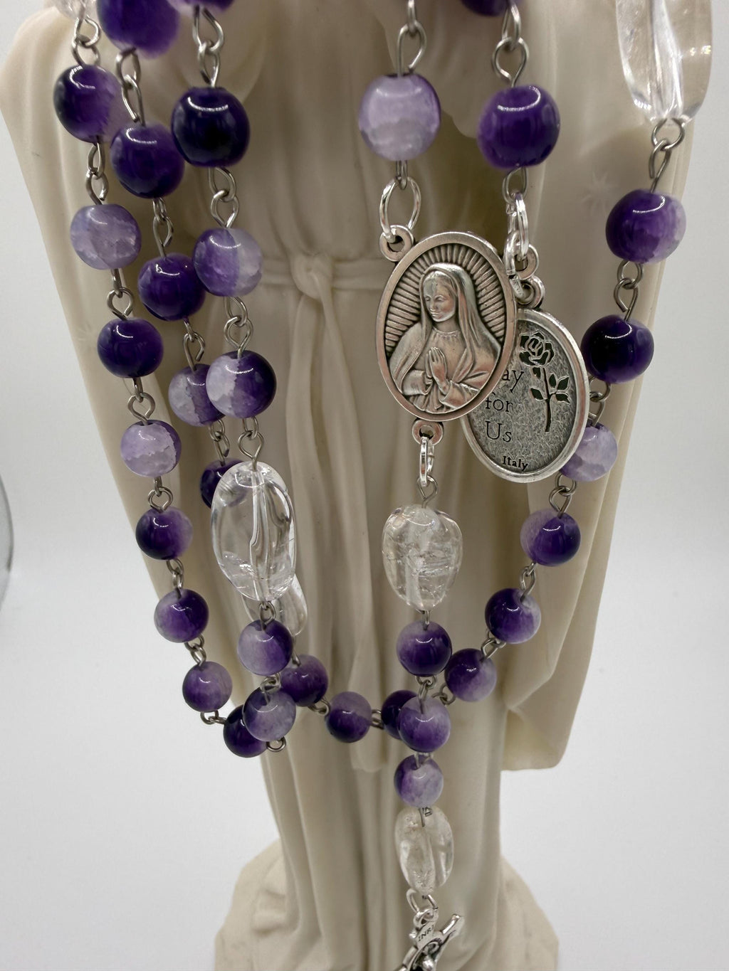 Purple Cracked Glass Rosary with Clear Quartz, Blessed Mother & St. Pope Leo Medal
