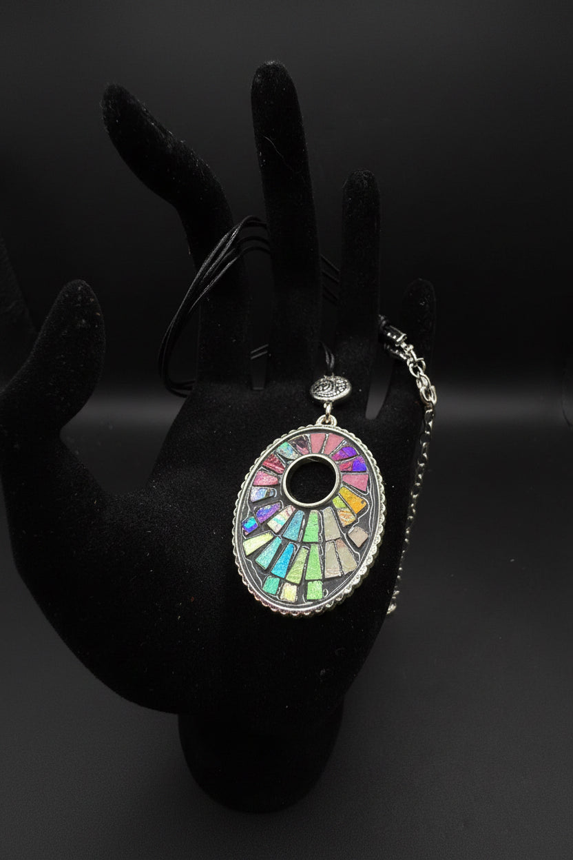 Colorful Mosaic Pendant Necklace, Rainbow Stained Glass Style Choker, Multi Strand Black Cord