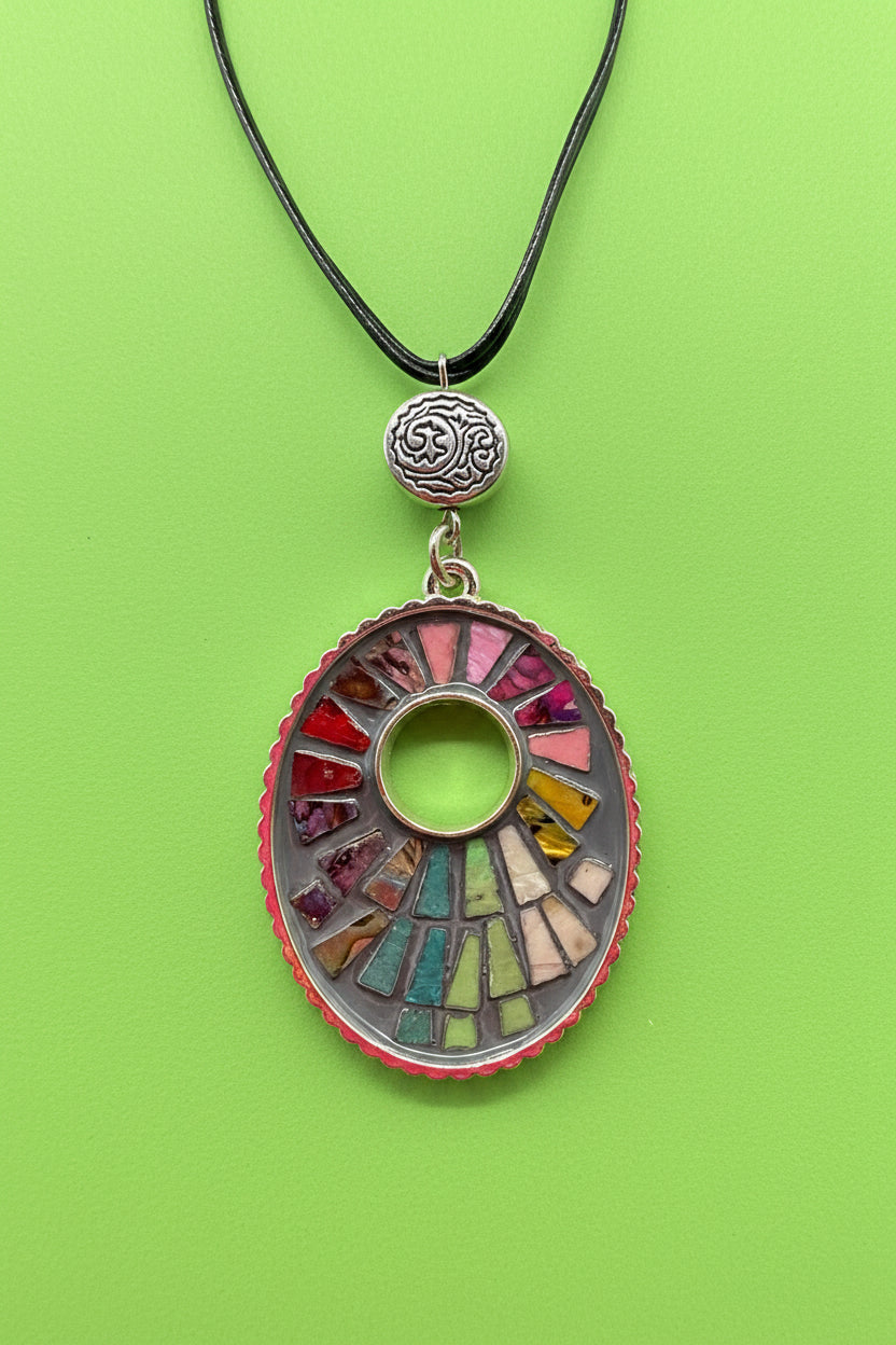 Colorful Mosaic Pendant Necklace, Rainbow Stained Glass Style Choker, Multi Strand Black Cord