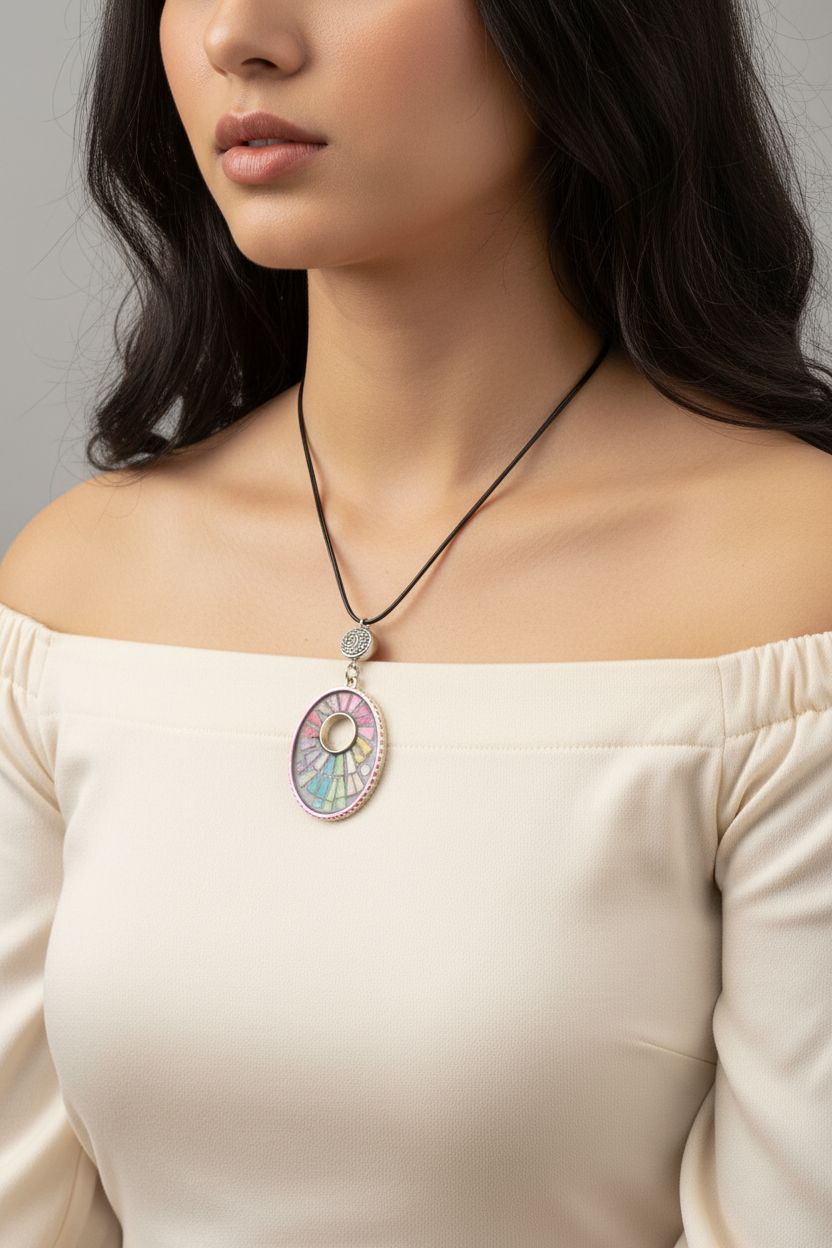Colorful Mosaic Pendant Necklace, Rainbow Stained Glass Style Choker, Multi Strand Black Cord