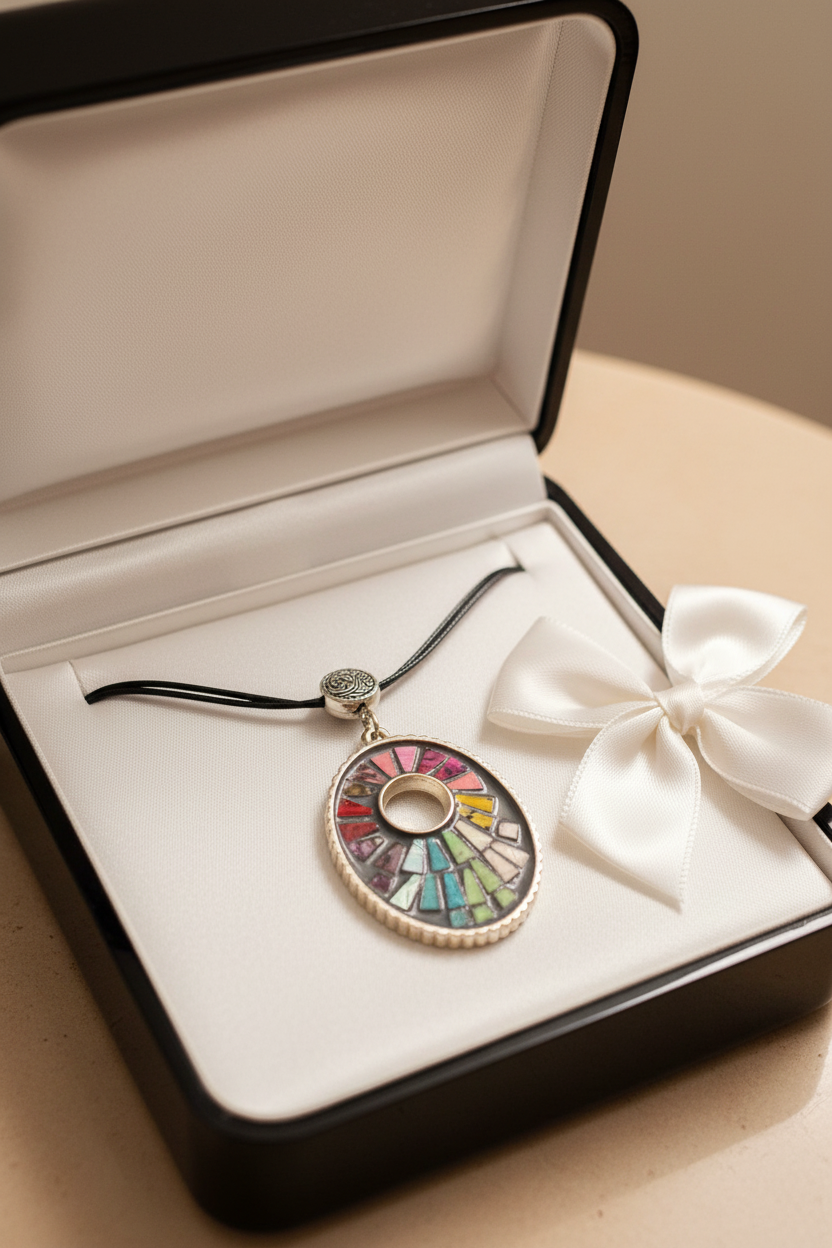 Colorful Mosaic Pendant Necklace, Rainbow Stained Glass Style Choker, Multi Strand Black Cord
